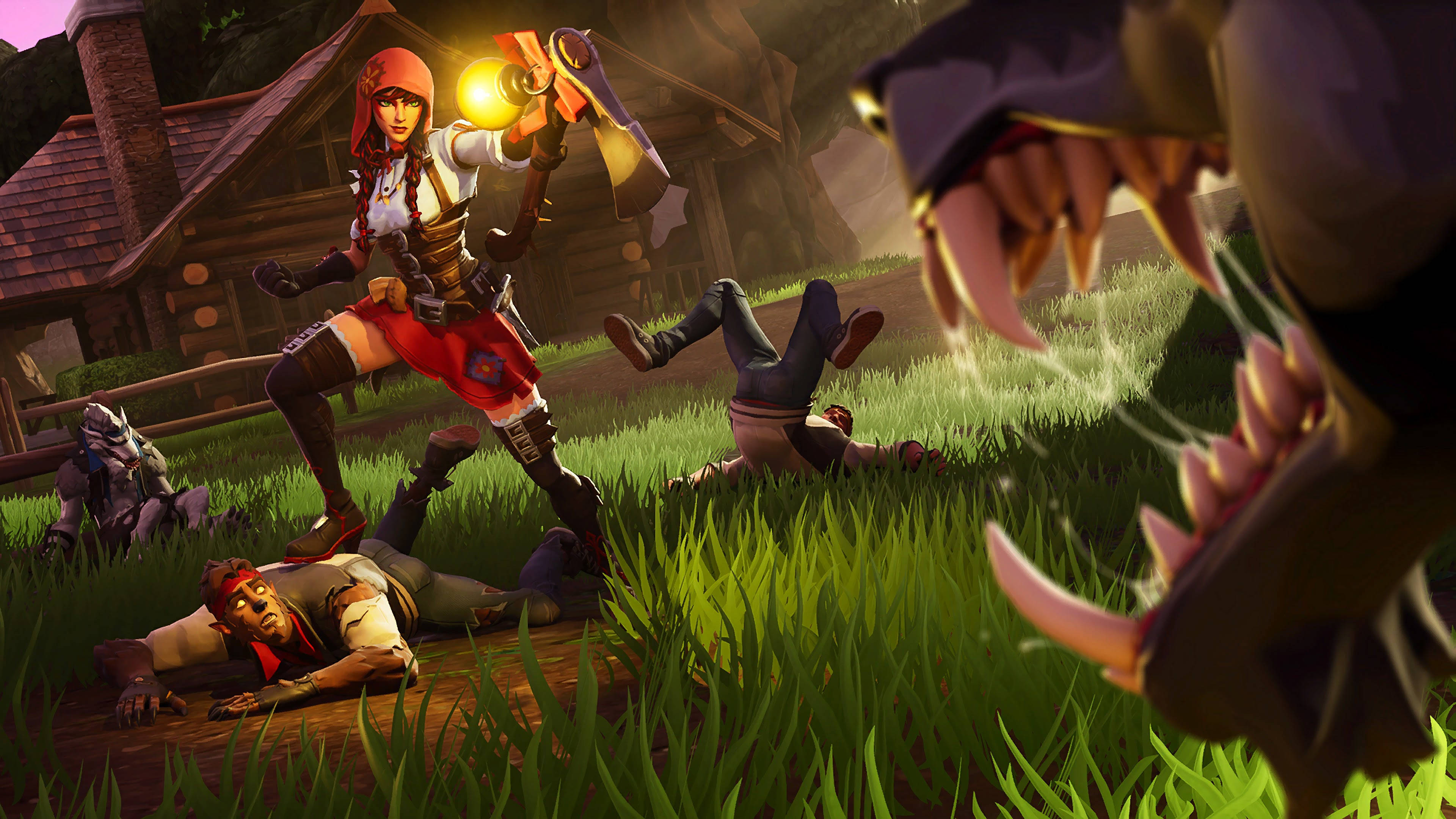 《Fortnite》第六季 Fable 桌面壁紙 壁紙 — 一個身穿紅色裝備的兇猛戰士用發光武器與巨型怪物戰鬥，而盟友則倒在草地上被擊敗。