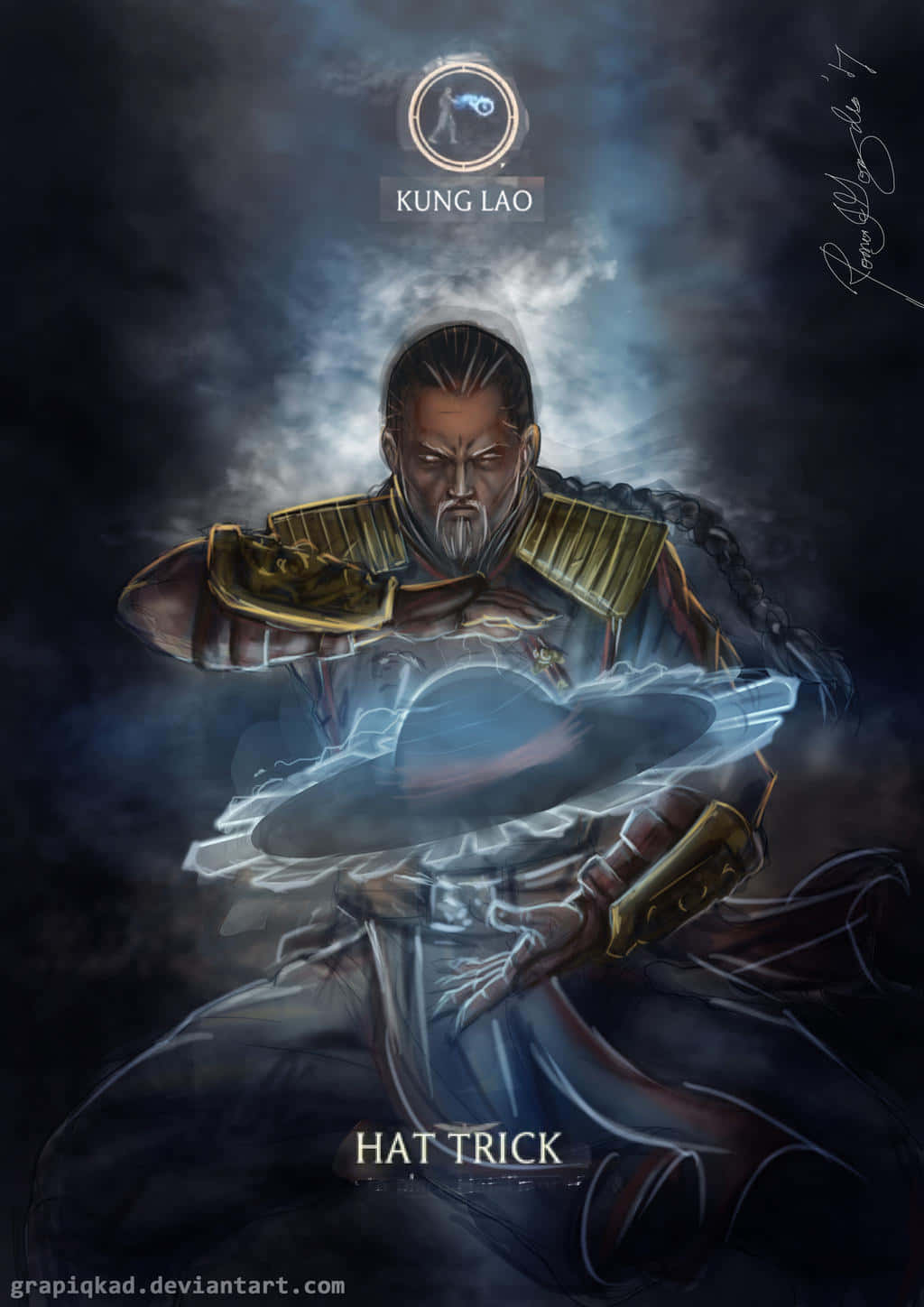 Mortal Kombat Kung Lao 桌布 壁紙 — 一位兇猛的戰士，編織的頭髮和金色盔甲，在黑暗風暴的環境中引導發光的藍色能量。