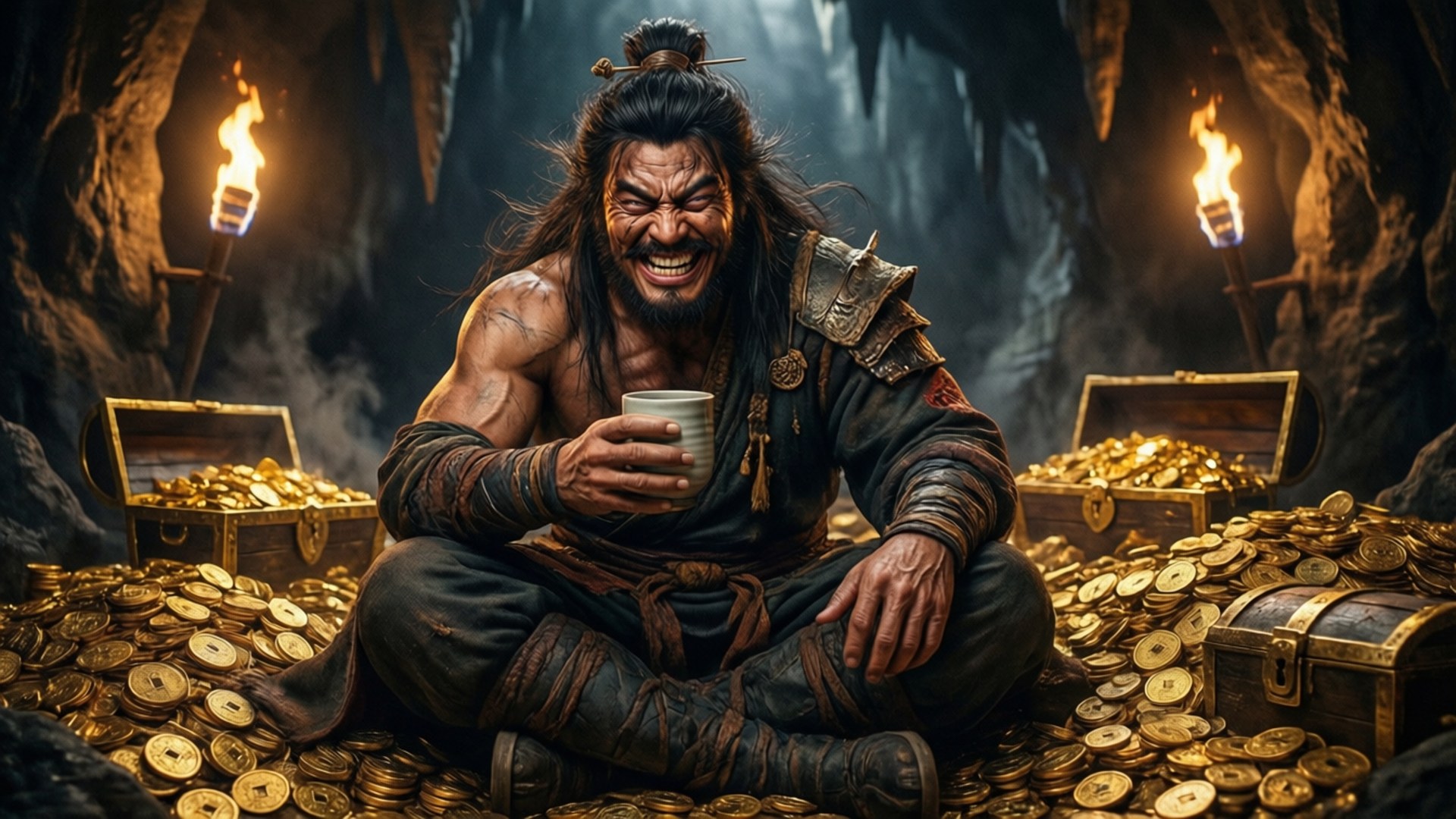 Treasure and Laughter 壁紙 — 一個頭髮狂野的兇猛戰士坐在黑暗洞穴中，周圍堆滿金幣，在火把照耀下狂笑不止。
