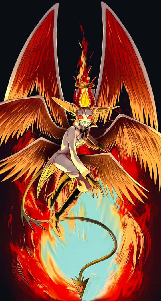  壁紙 — 一個火熱的動漫惡魔，長著紅色翅膀，戴著火焰帽子，棲息在黑暗背景中旋轉的地獄之火上。
