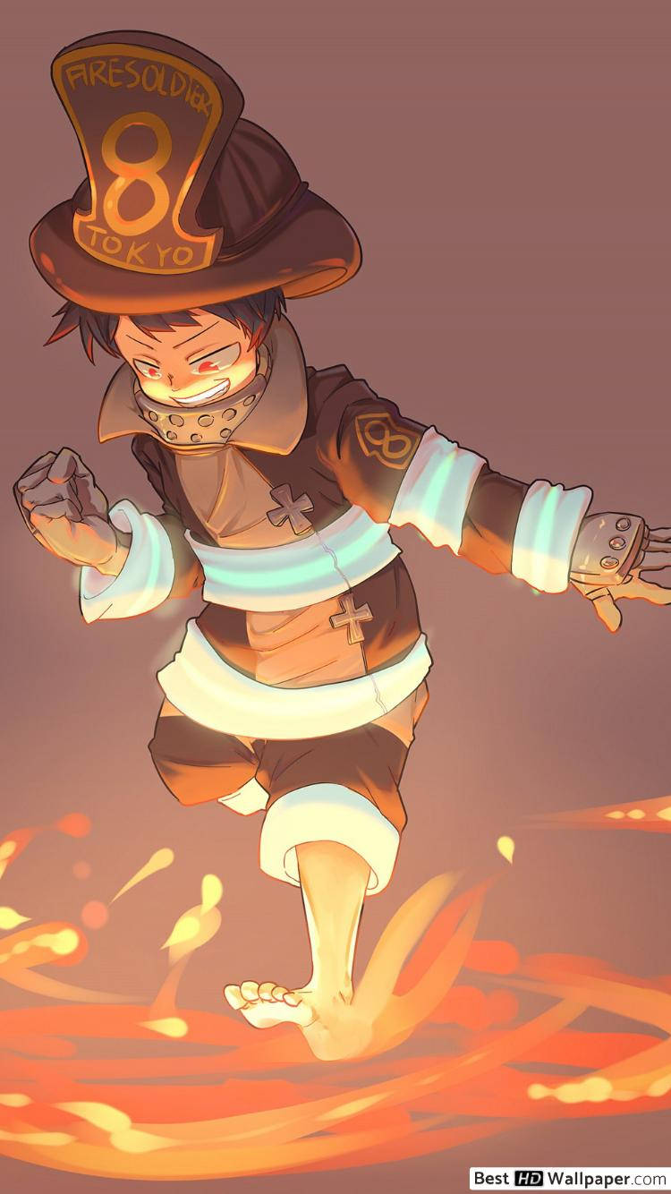 《炎炎消防隊》陣內·克沙貝 壁紙 — 一個火熱的動漫消防員戴著「Firesoldier 8 Tokyo」帽子和發光制服跳過火焰。