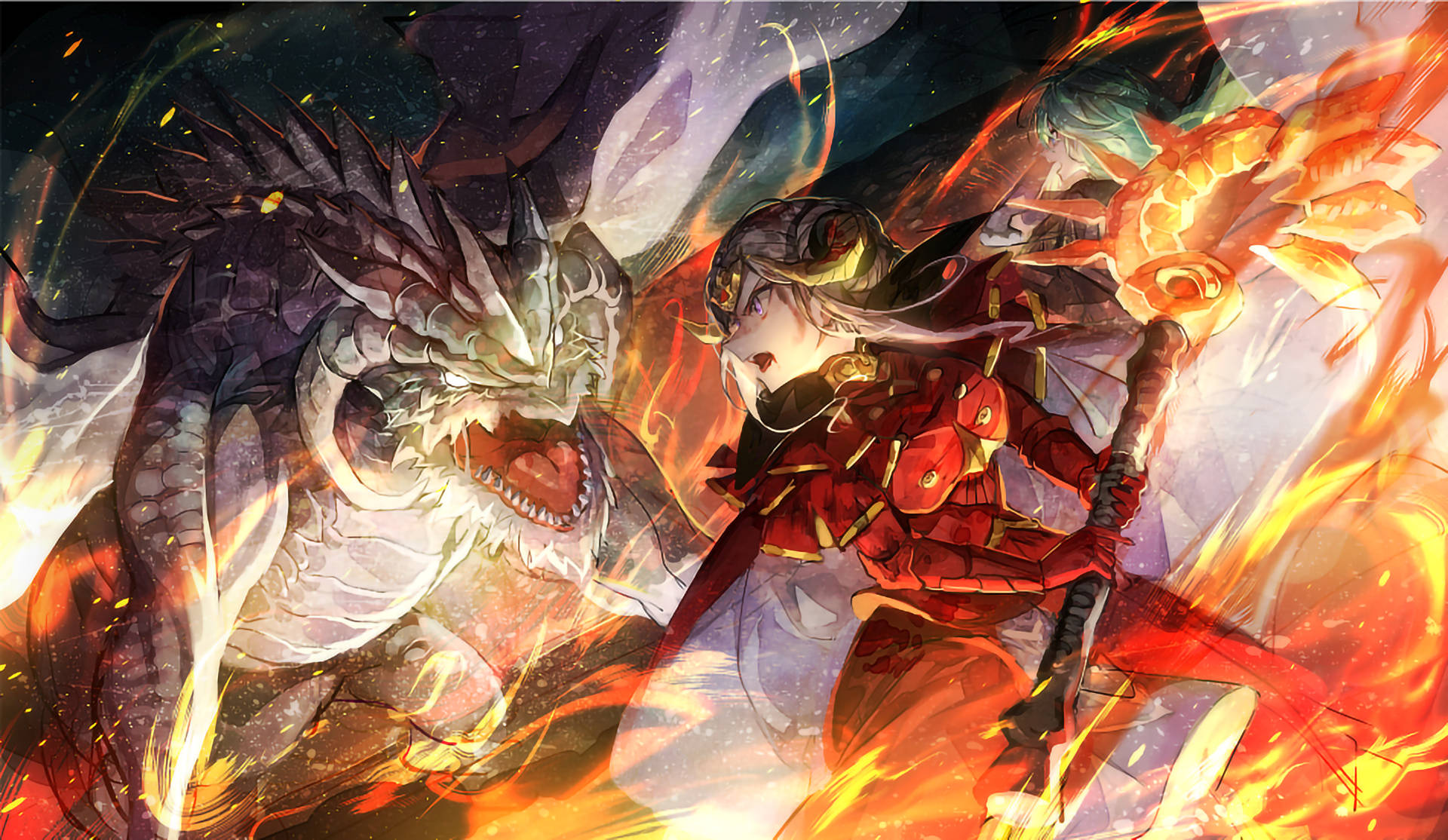 「傳奇對決：火焰之紋章：風花雪月」 壁紙 — 一個身穿紅色盔甲的熾熱動漫戰士，在爆炸性的火焰和宇宙火花中與一條巨大的白色巨龍交鋒。
