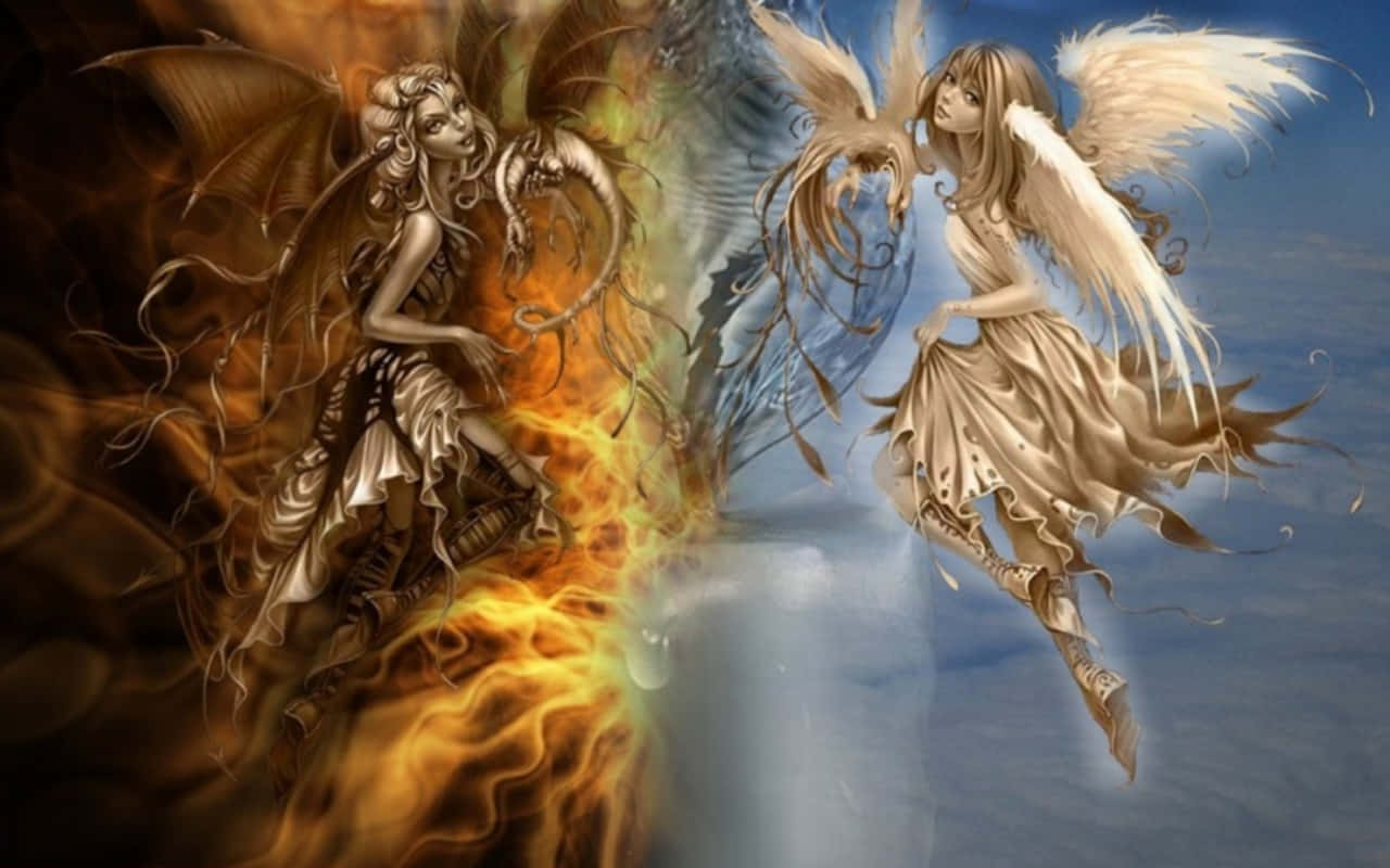  壁紙 — 一個火熱的惡魔與天使般的身影在戲劇性的分屏戰鬥中碰撞，伴隨著旋轉的火焰和空靈的翅膀。