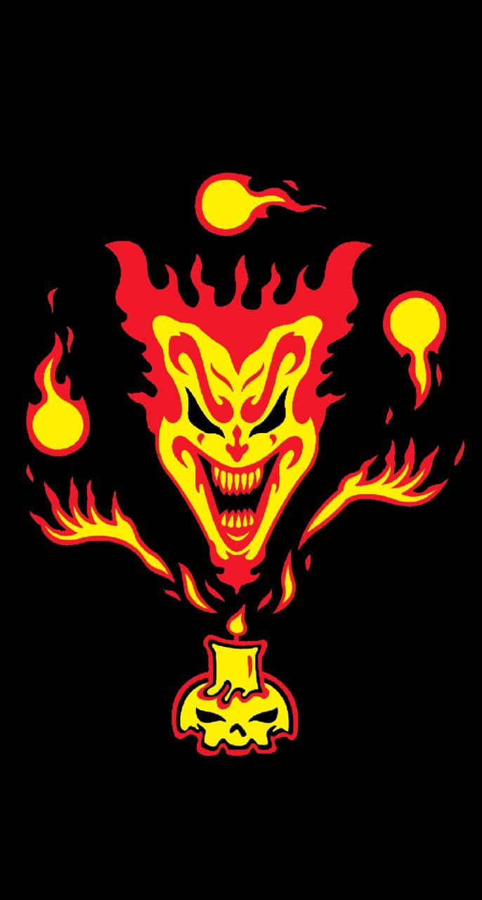  壁紙 — 一個燃燒的惡魔面孔，有尖銳的牙齒，火焰從頭部和雙手噴出，背景為黑色。