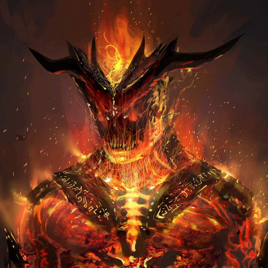  壁紙 — 一個火熱的惡魔形象，擁有發光的眼睛和尖刺盔甲，從火焰中爆發出來，背景是黑暗煙霧繚繞。