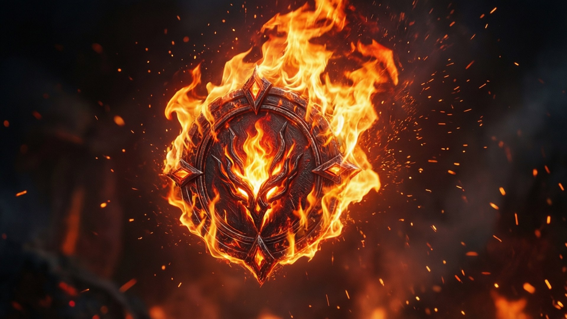 Token 桌布 壁紙 — 一個燃燒的惡魔印記在黑暗煙霧背景中，以橙色火焰和發光的餘燼劇烈燃燒。