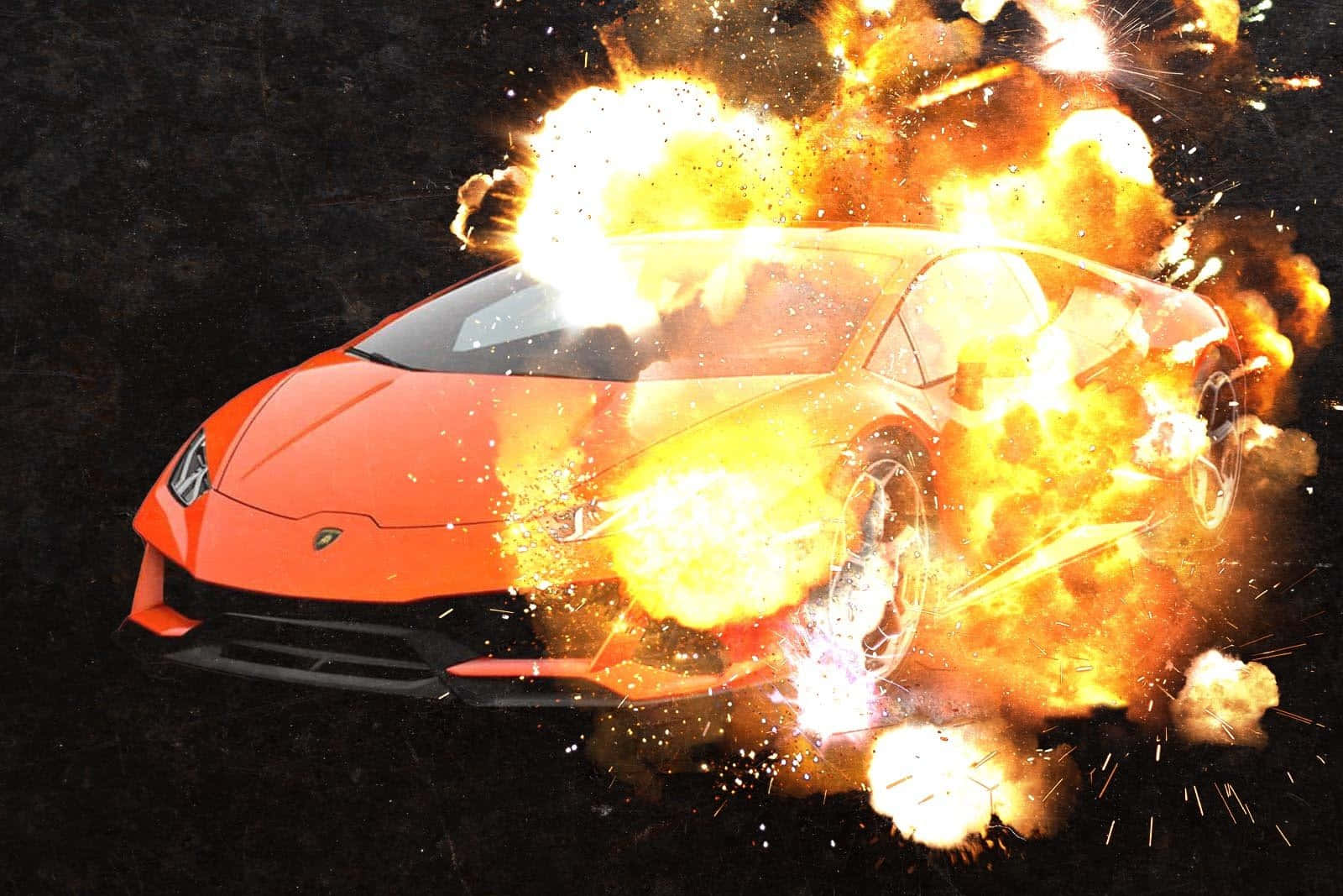  壁紙 — 一輛火熱的橙色跑車在黑暗背景中爆炸，迸發出火焰和火花。