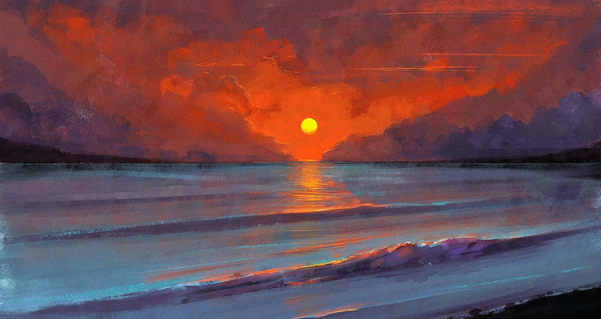 Sunset Painting 桌布 壁紙 — 火熱的橙色太陽落在紫色山脈後面，在平靜的藍色湖面上投射出閃爍的倒影。