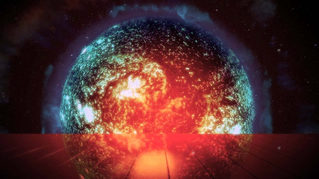 Illusive Man 桌布 壁紙 — 一顆熾熱的行星，表面散發著紅色和藍綠色的光芒，在星空中爆發宇宙能量。
