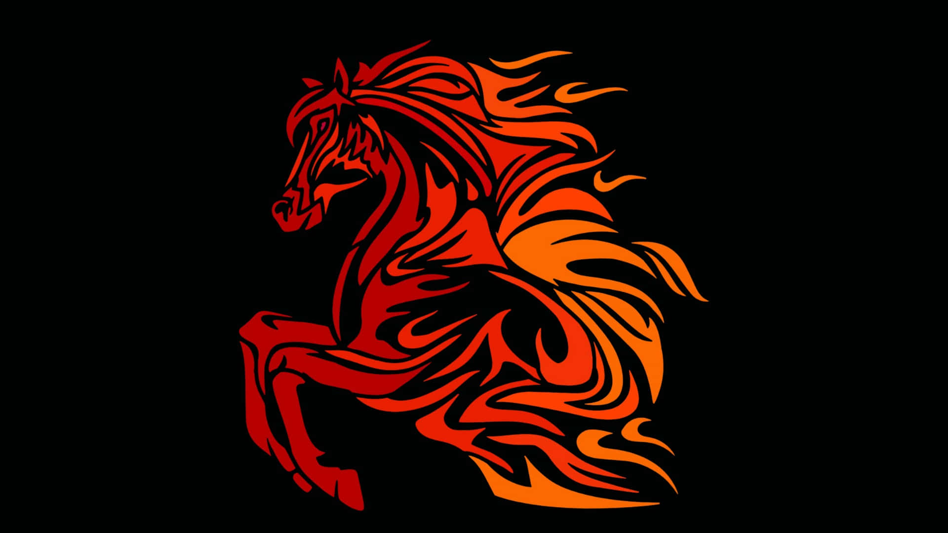  壁紙 — 一匹火紅與橙色的風格化駿馬，在純黑背景前揚起前蹄，飄逸的鬃毛與尾巴宛如火焰。