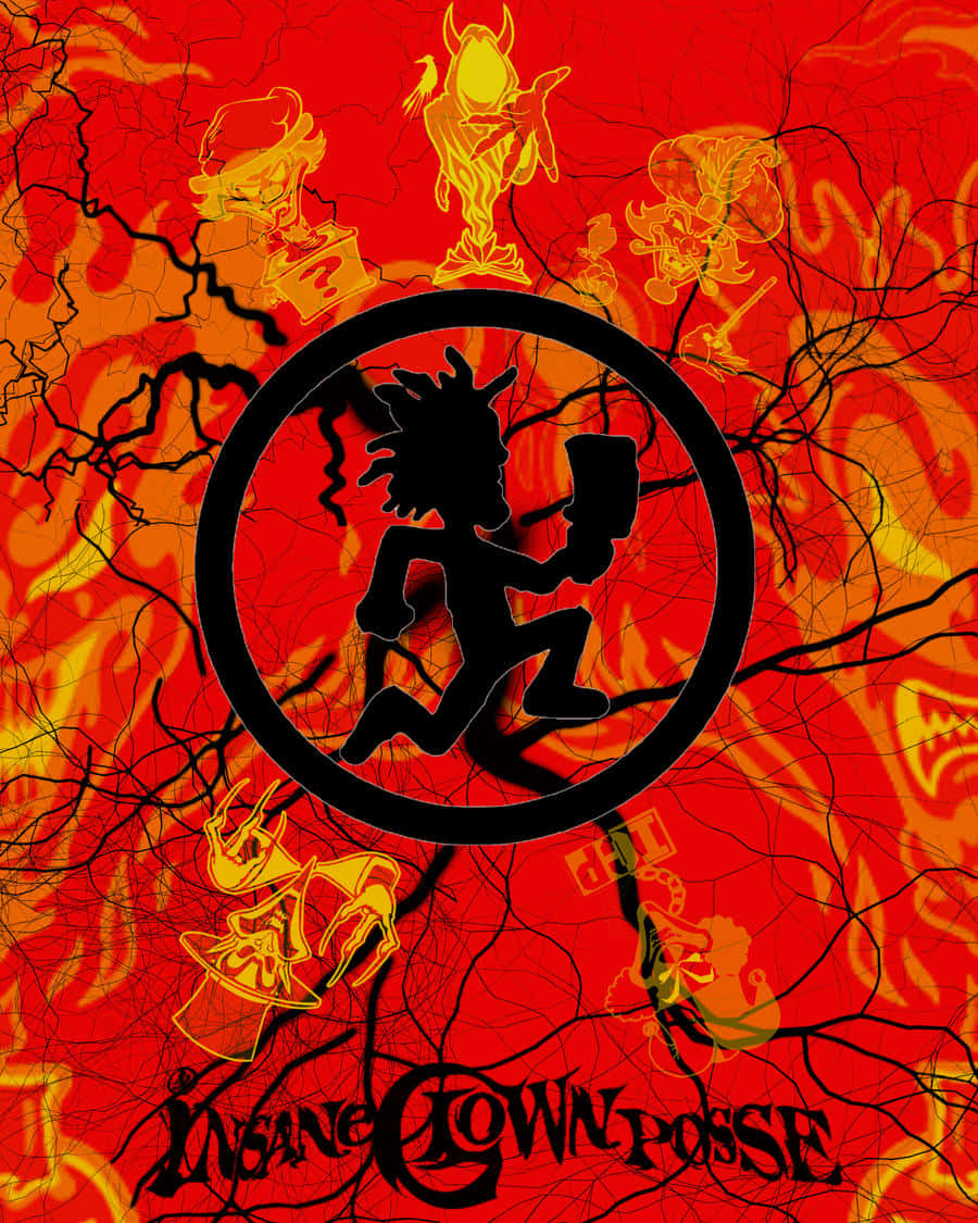  壁紙 — 一個火紅色的背景，帶有黑色爆裂線條和發光的黃色卡通人物，圍繞著一個圓圈中奔跑人物的中央黑色剪影。