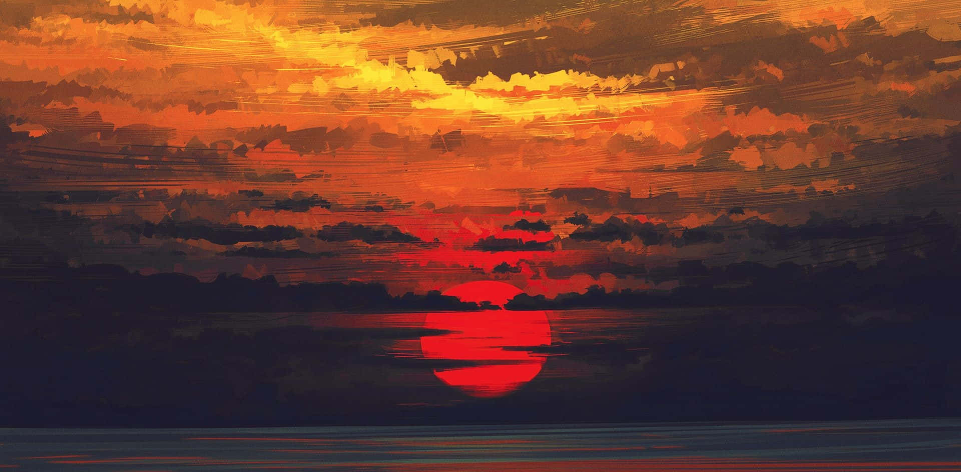 Sunset Painting 桌布 壁紙 — 一輪火紅的太陽在紋理豐富的橙黑色天空下，沉入平靜水面上的黑暗地平線。