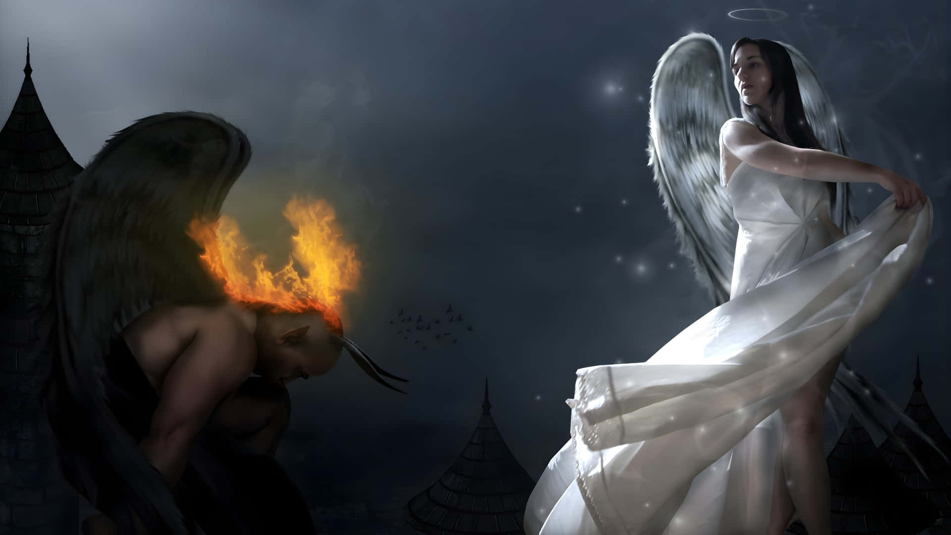  壁紙 — 一個火翼惡魔跪在一個光芒四射的天使面前，背景是哥德式夜景，有星空和城堡尖塔。