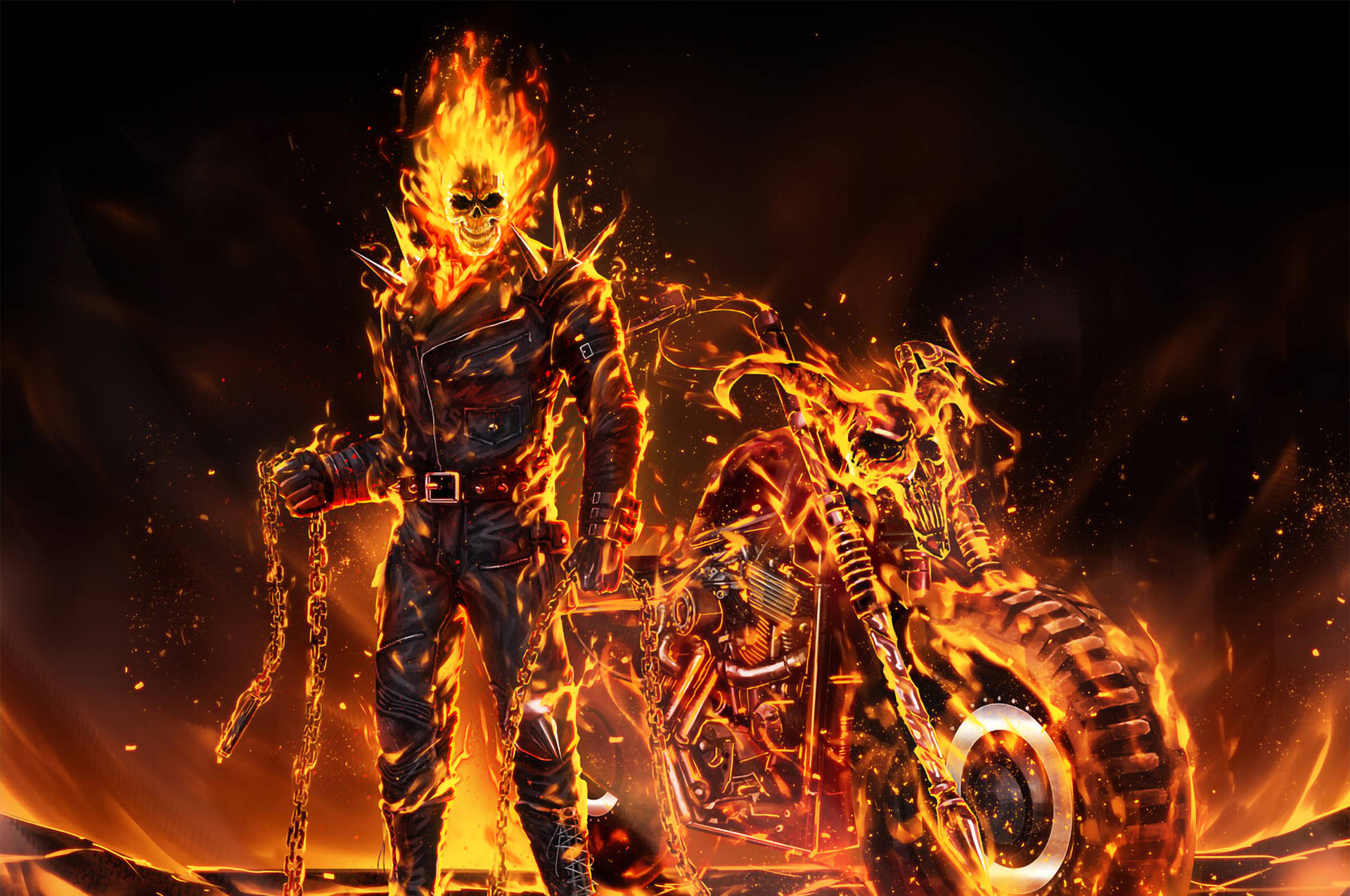 Ghost Rider 燃燒的頭骨和鎖鏈，站在他燃燒的電單車旁。 — 鬼 Rider 壁紙