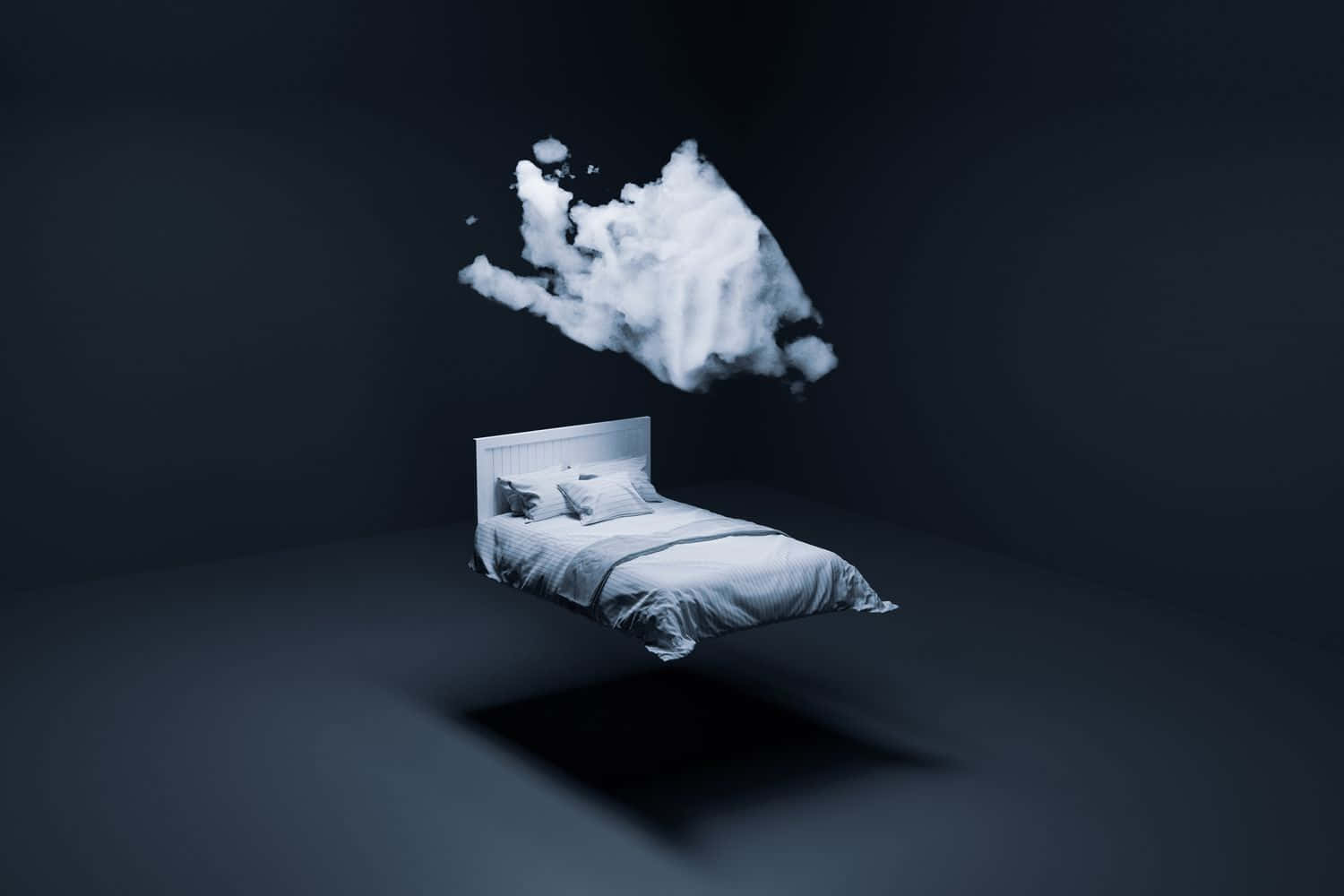  壁紙 — 一張帶有白色床單的浮動床在黑暗簡約的房間中漂浮在飄動的雲朵下。