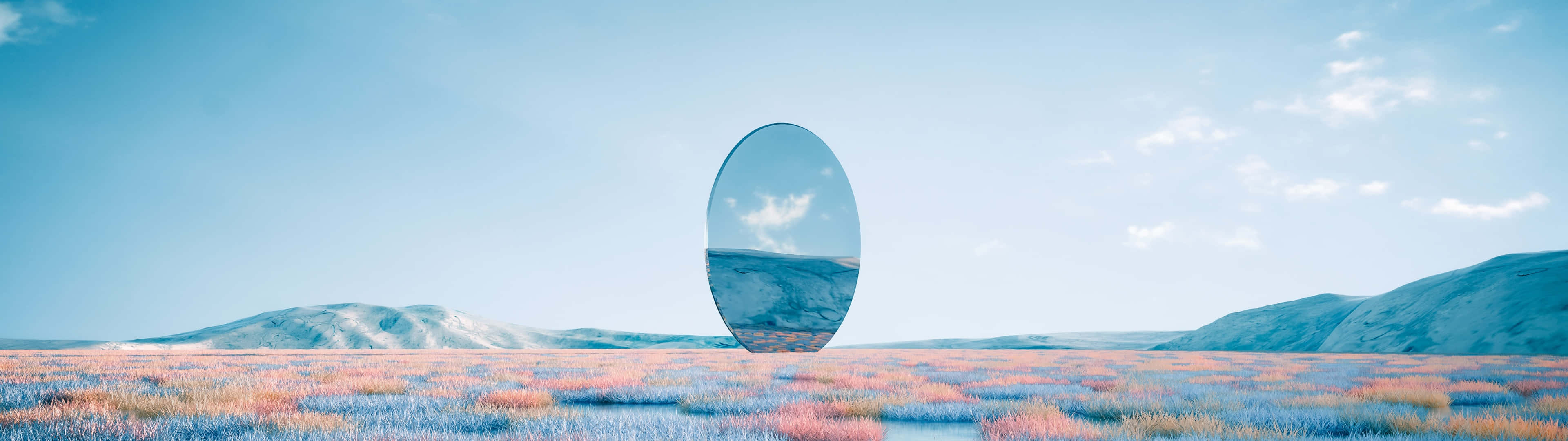 Abstract Landscape 桌布 壁紙 — 一個漂浮的橢圓形鏡子反射出多雲的天空，下方是廣闊的粉紅色和藍色草地，上方是清澈的藍天。