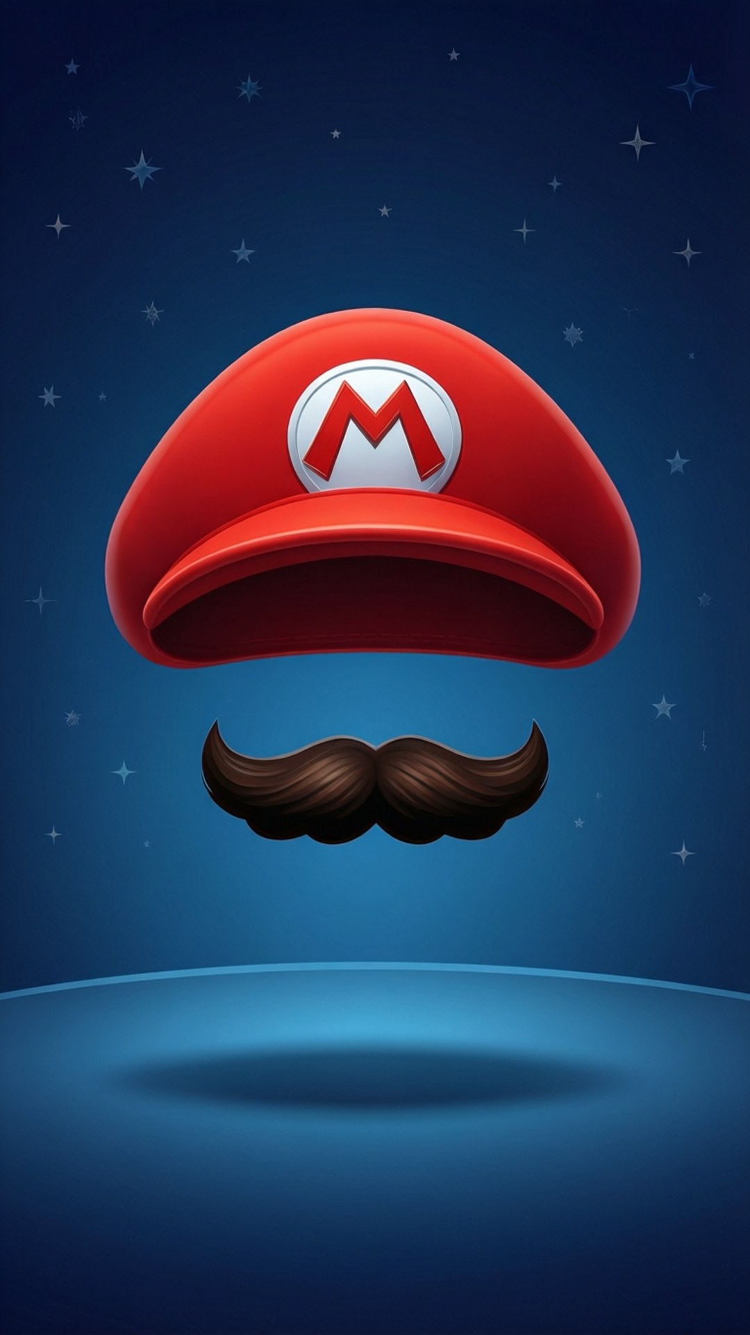 Mario's Hat Minimal 壁紙 — 一頂漂浮的紅色瑪利歐帽子，帶有棕色鬍子，背景是星空藍色。