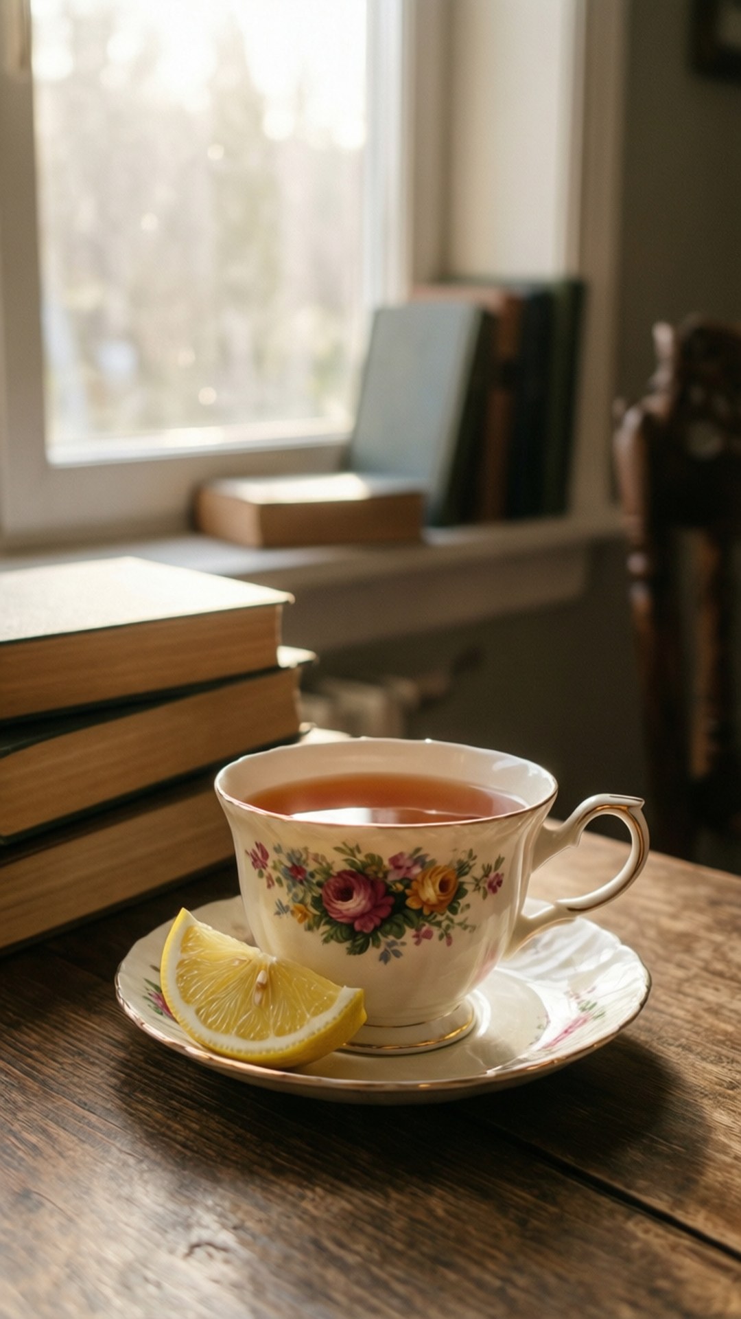 Tea and Books Morning 壁紙 — 一個帶檸檬的花卉茶杯放在陽光照射的窗邊木桌上，旁邊有堆疊的書籍。