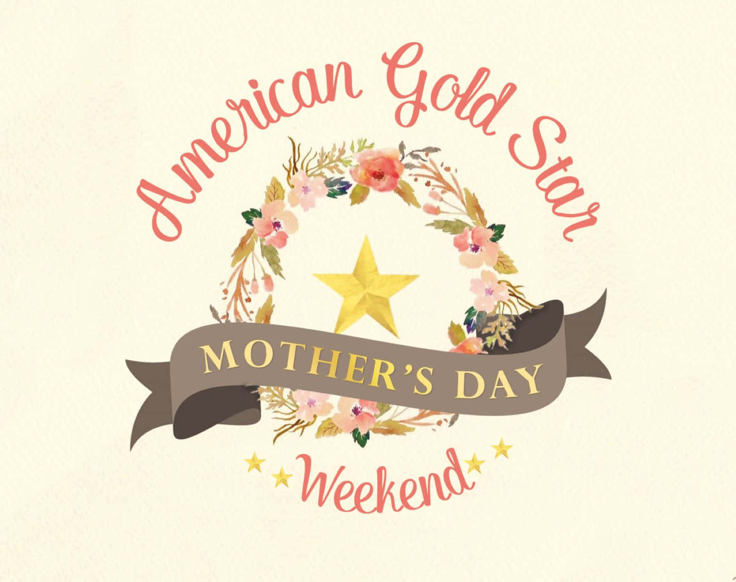  壁紙 — 一個帶有金色星星和絲帶的花環，以柔和的水彩風格宣告「American Gold Star Mother's Day Weekend」。
