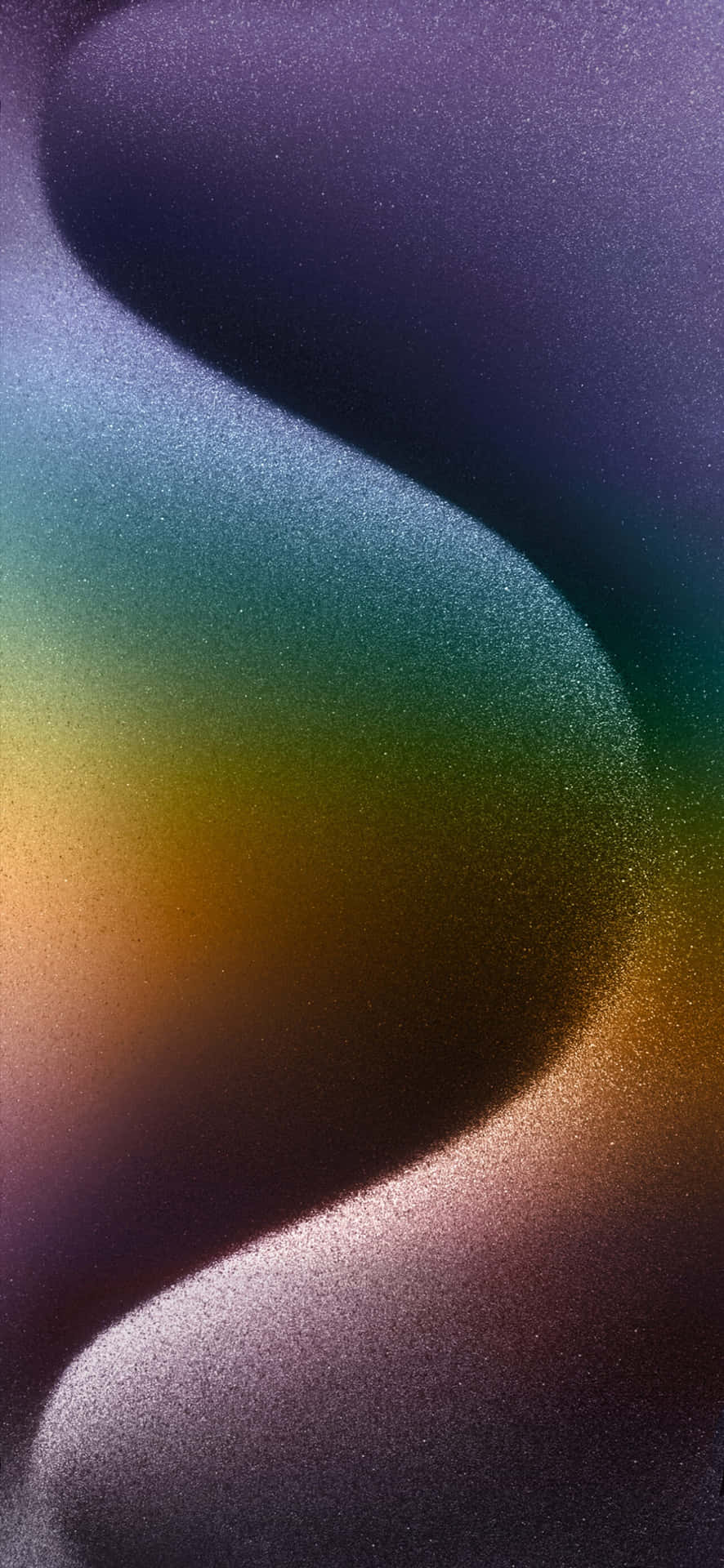  壁紙 — 紫色、藍綠色、金色和粉紅色的流動抽象漸變，帶有紋理顆粒表面。