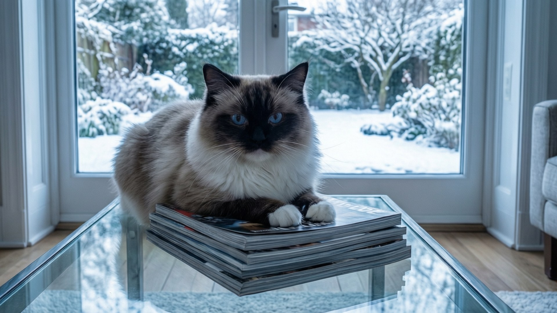 一隻毛茸茸的藍眼貓坐在雪窗附近的雜誌上。