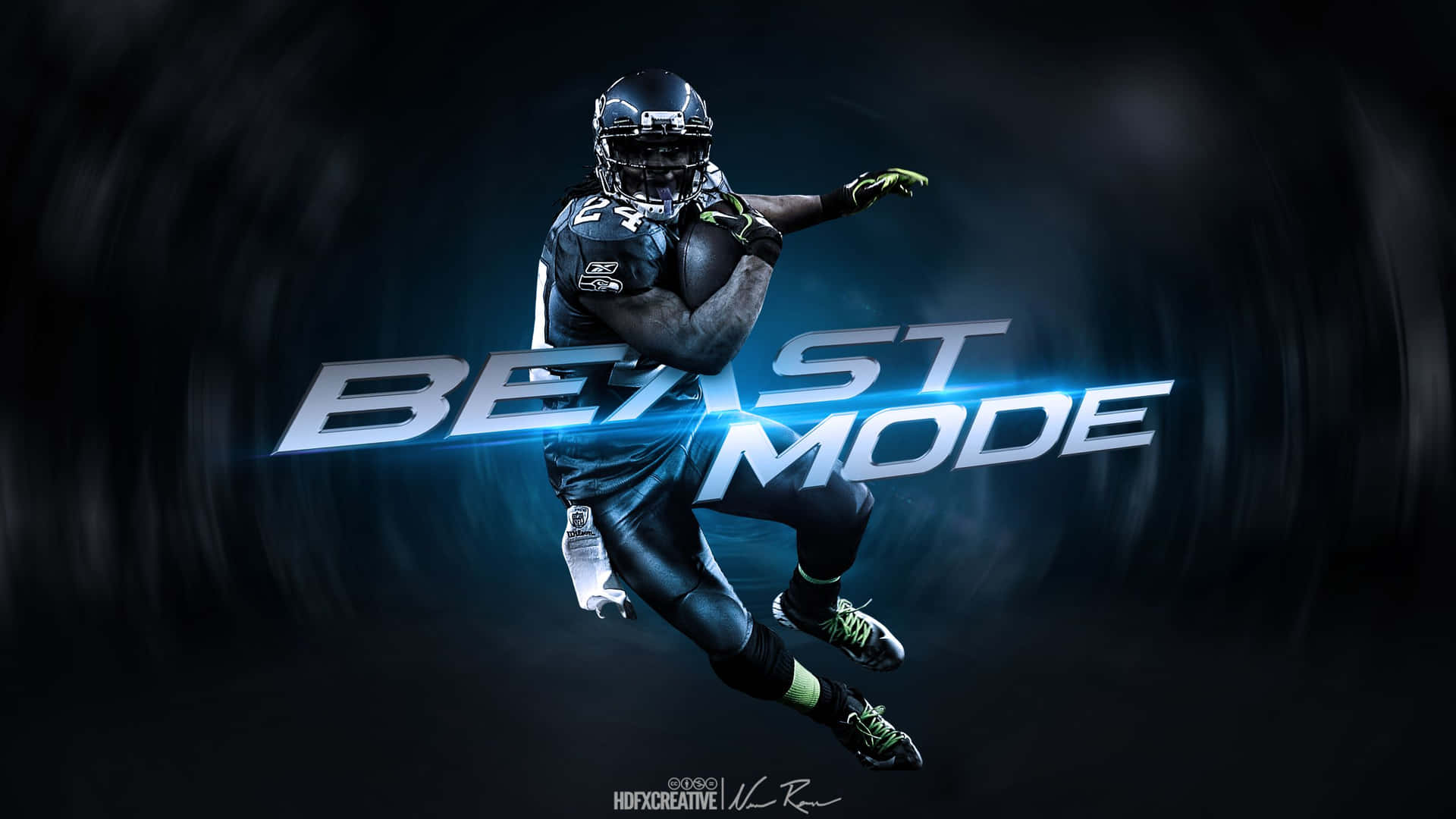足球員在半空中，身後有發光的「Beast Mode」文字。