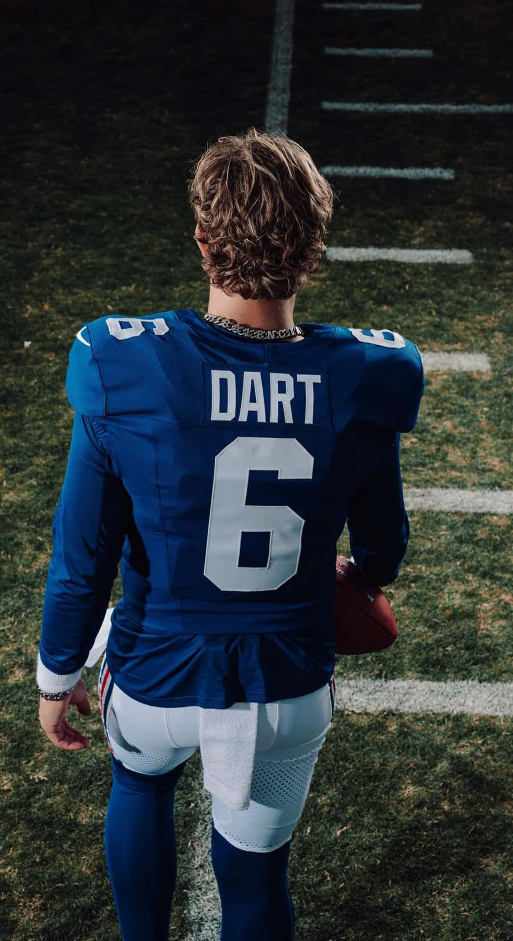  壁紙 — 一名身穿藍色球衣、印有名字DART和號碼6的足球員站在草地上，手持一個球。