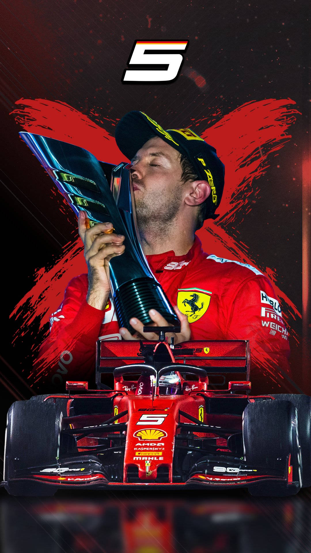 法拉利F1車手在紅黑背景上，於其賽車上方親吻獎盃。
