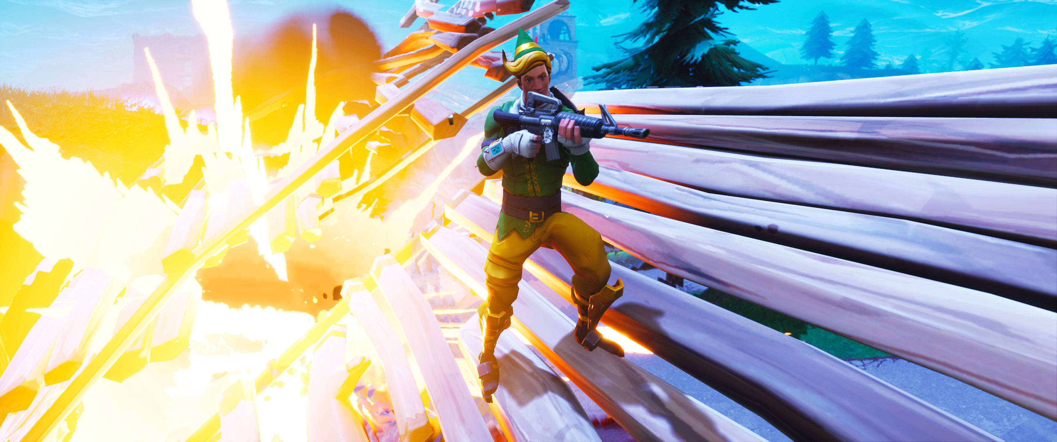 《Fortnite》代號E.L.F. 桌面壁紙 壁紙 — 一個穿著綠色和黃色裝備的Fortnite角色在明亮的橙色爆炸和木結構中開火。