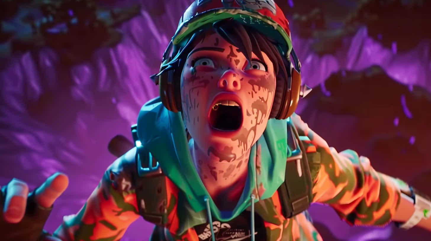  壁紙 — 一個表情驚恐嘅Fortnite角色，全身沾滿泥巴，喺發光紫色洞穴背景下尖叫。