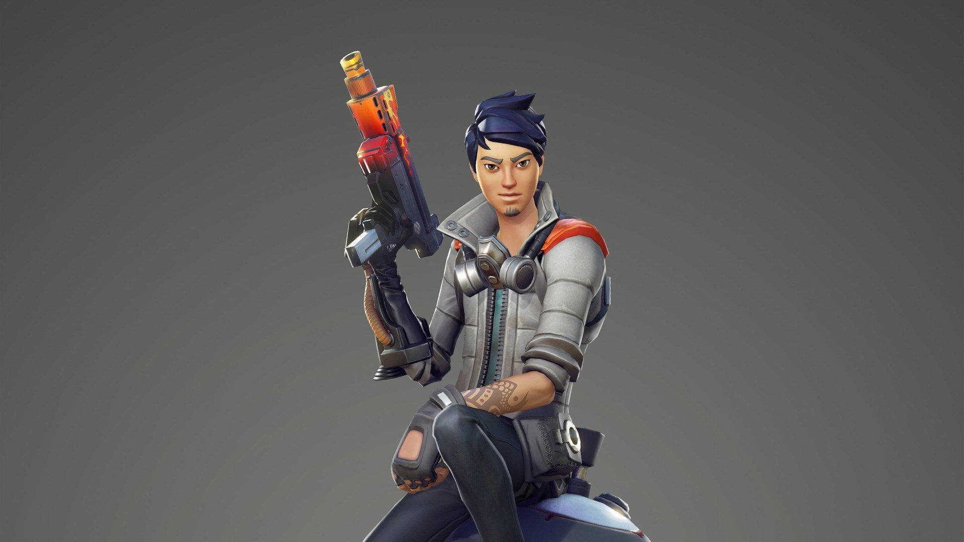 身穿戰術裝備的Fortnite角色手持發光武器。