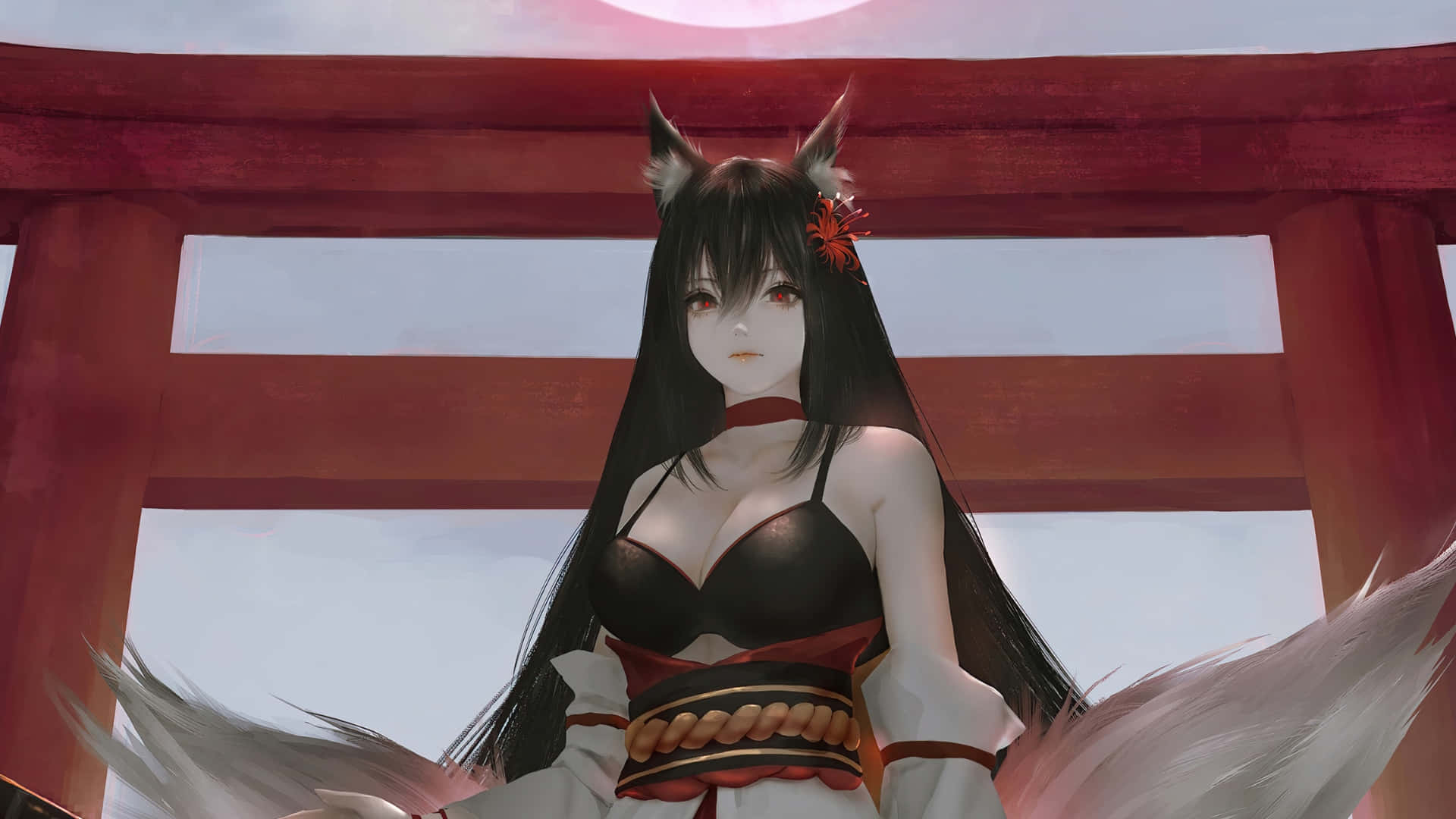  壁紙 — 一位穿著傳統日本服飾的狐靈少女站在紅色鳥居前，沐浴在發光的粉紅色太陽下。