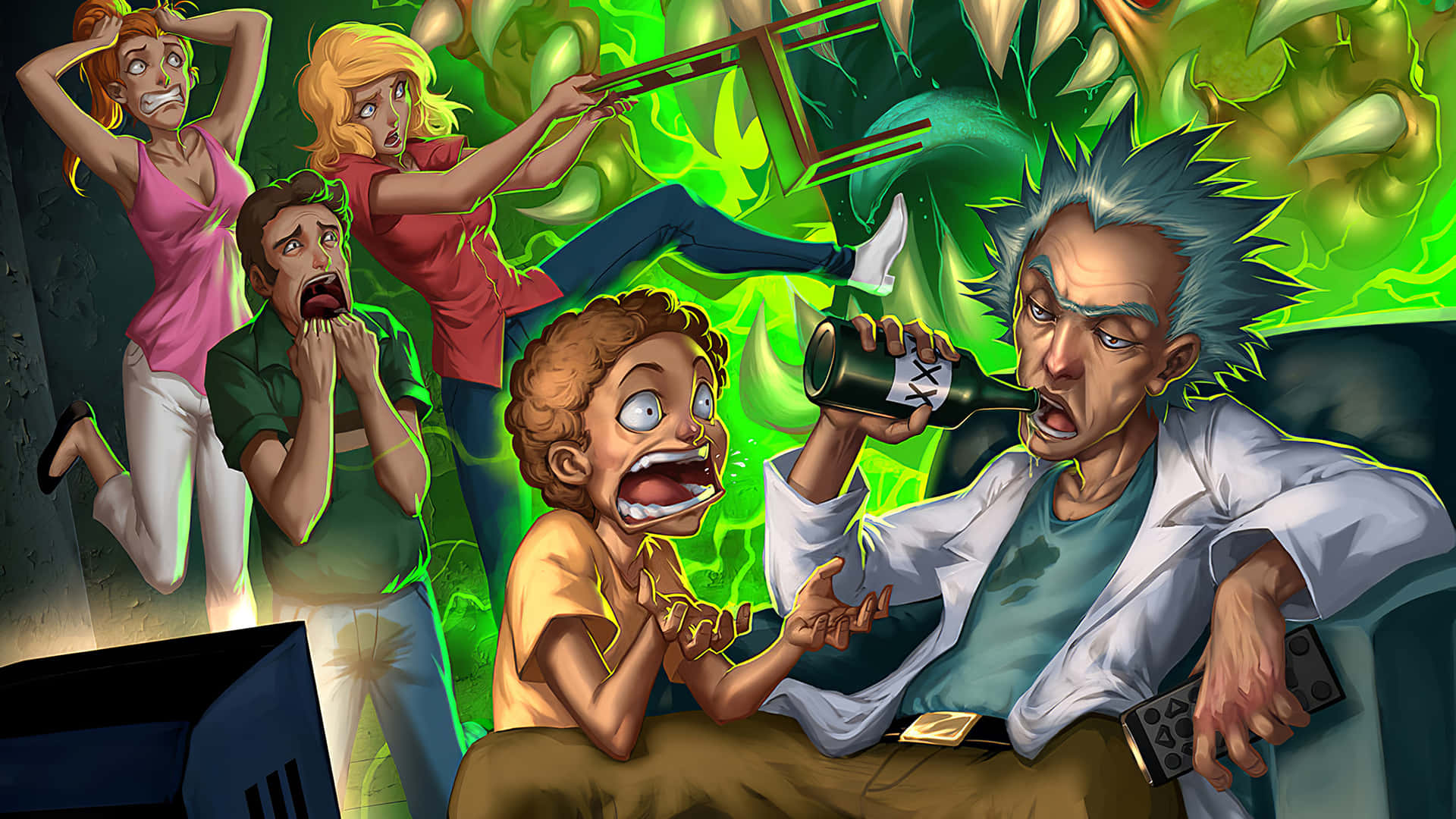  壁紙 — 一個瘋狂的卡通場景顯示一名科學家在喝酒，而一個孩子在尖叫，周圍是驚恐的人們和綠色發光的混亂。
