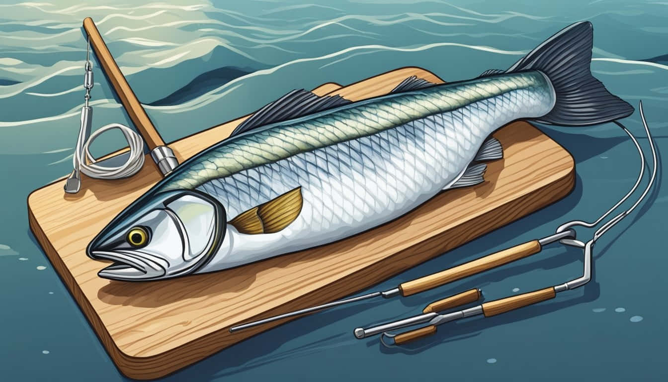  壁紙 — 一條剛捕獲的魚放在漂浮在水上的木砧板上，附近有釣魚用具。