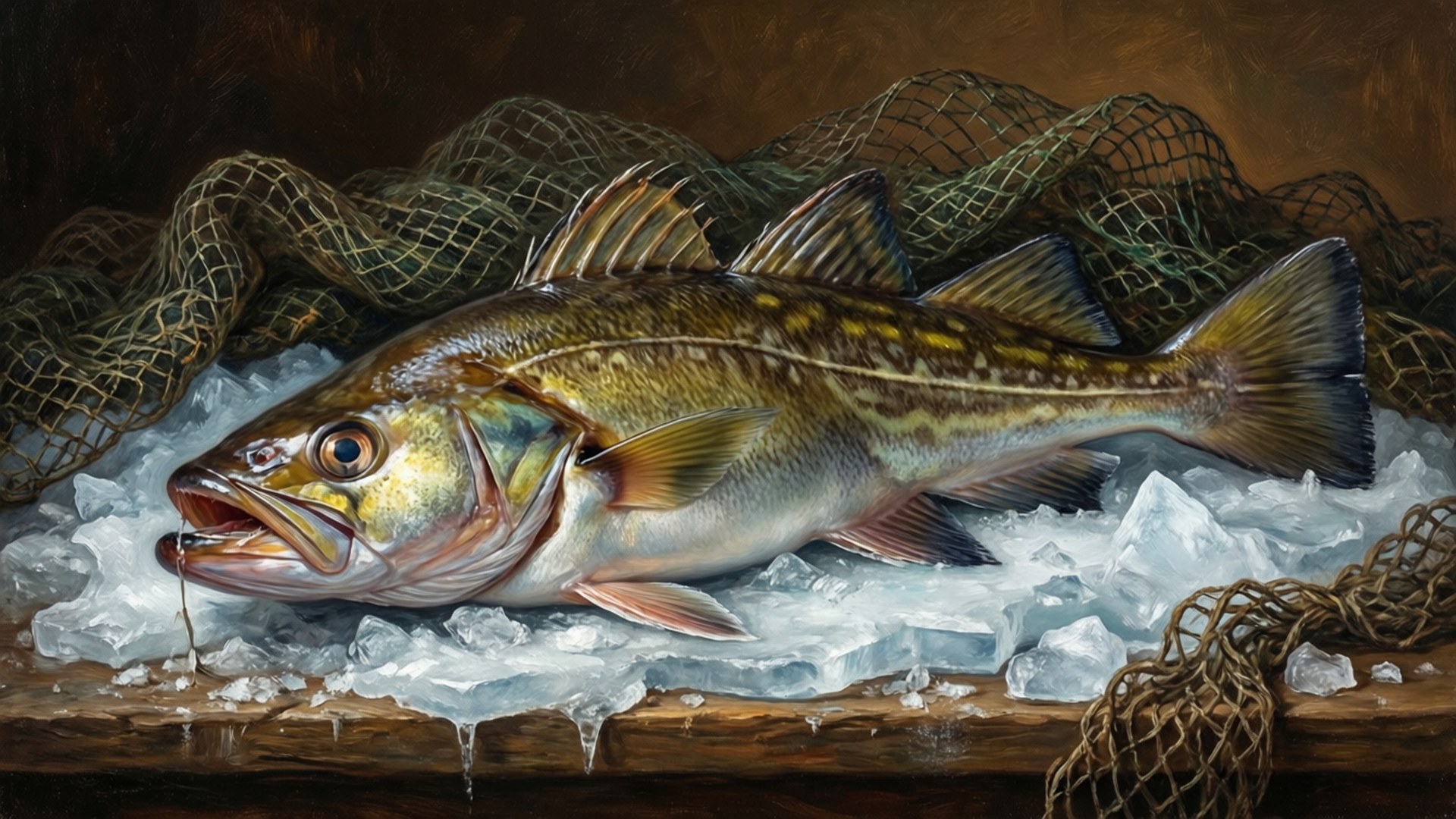 Haddock on Ice 壁紙 — 一條剛捕獲的魚放在冰上，背後掛著漁網，呈現質樸而富有繪畫感的靜物畫面。