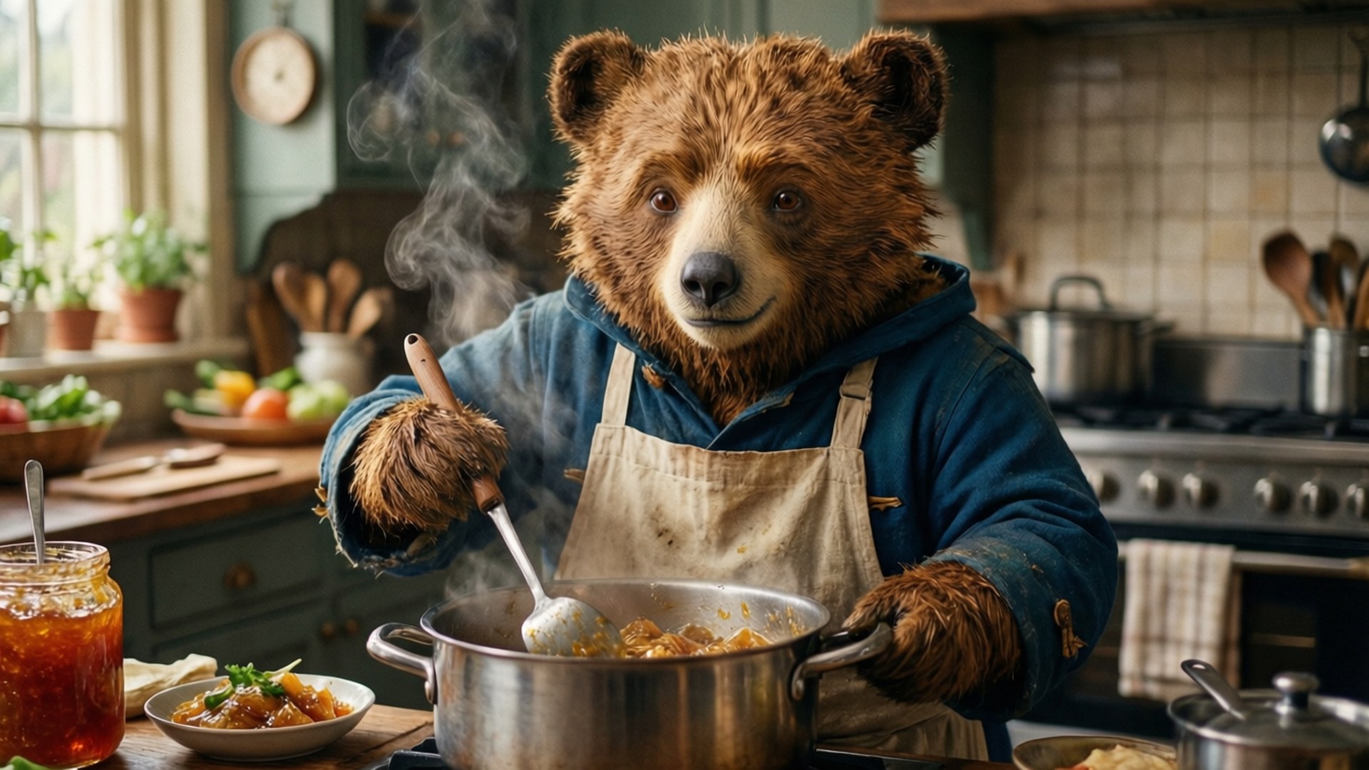 一隻穿著圍裙的熊在廚房裡攪拌一鍋冒著熱氣的燉菜。