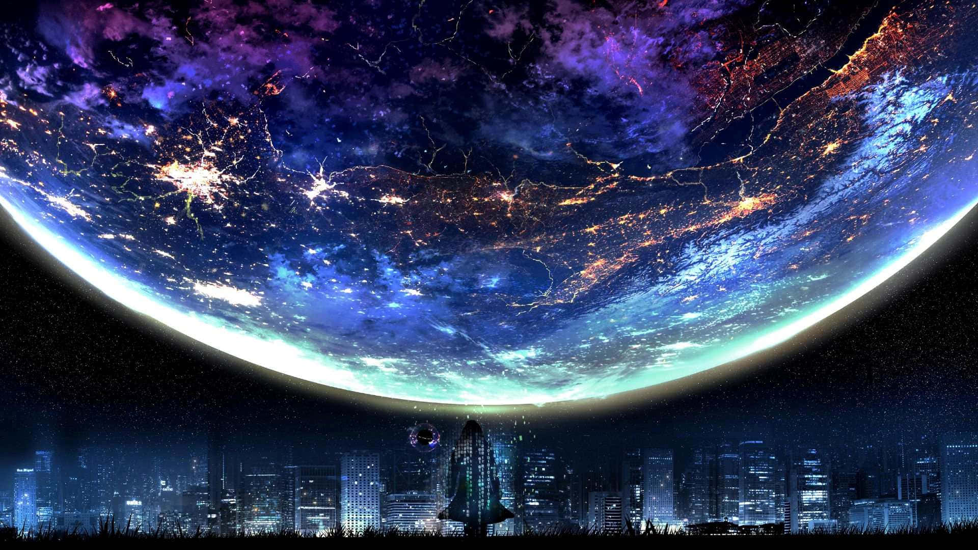 壁紙 — 未來城市天際線仰望一顆發光的行星，伴隨著鮮豔的極光和閃爍的城市燈光。