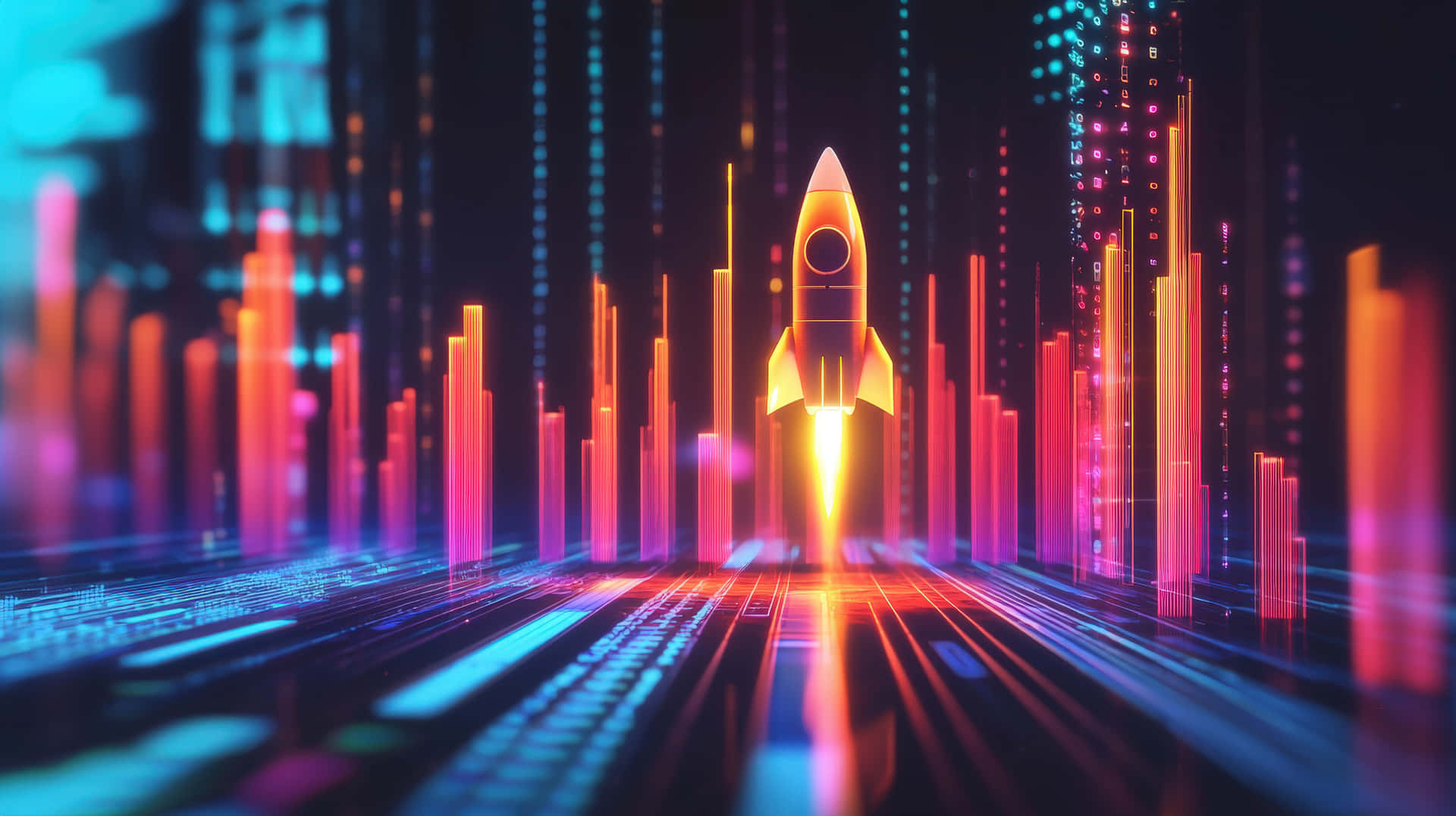 A futuristic digital rocket takes off in a cyber landscape surrounded by glowing data charts 壁紙 — 一枚發光的火箭穿過霓虹燈照亮的數碼城市景觀，伴隨著垂直數據流和發光電路向上發射。
