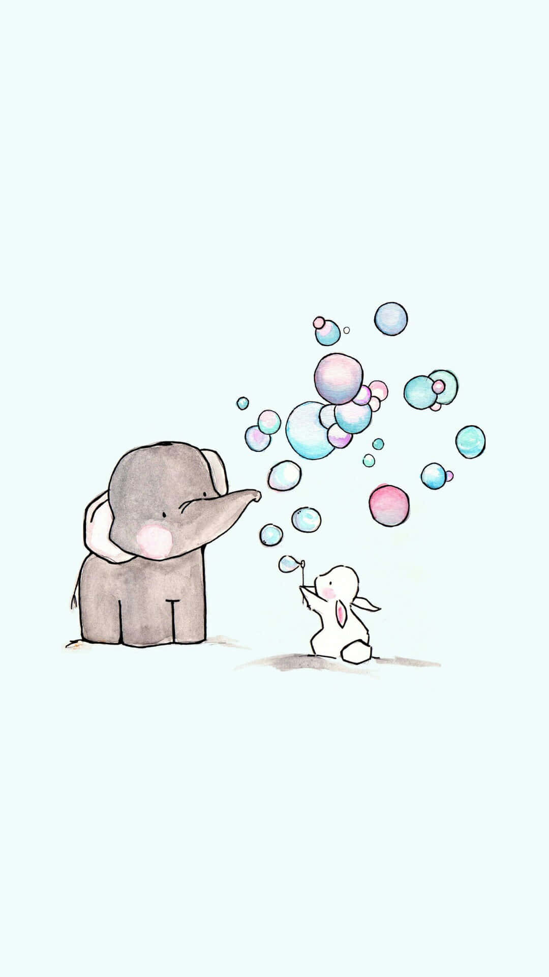 Kawaii Elephant 桌布 壁紙 — 一幅柔和的水彩插畫，描繪了一隻灰色大象和一隻白色兔子在柔和的薄荷色背景上吹出粉彩色的泡泡。