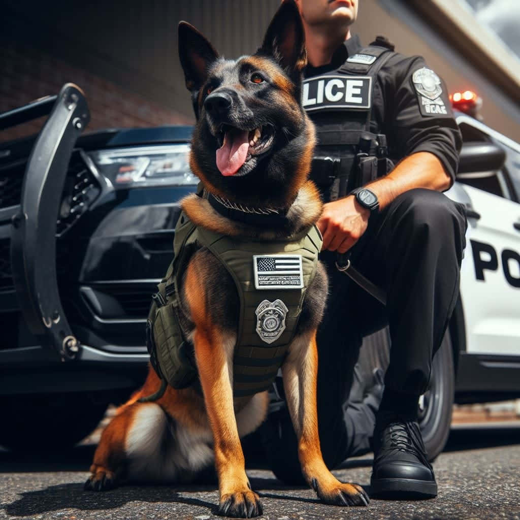  壁紙 — 一隻穿著戰術裝備的德國牧羊犬警犬在巡邏車附近警覺地坐在其訓練員旁邊。