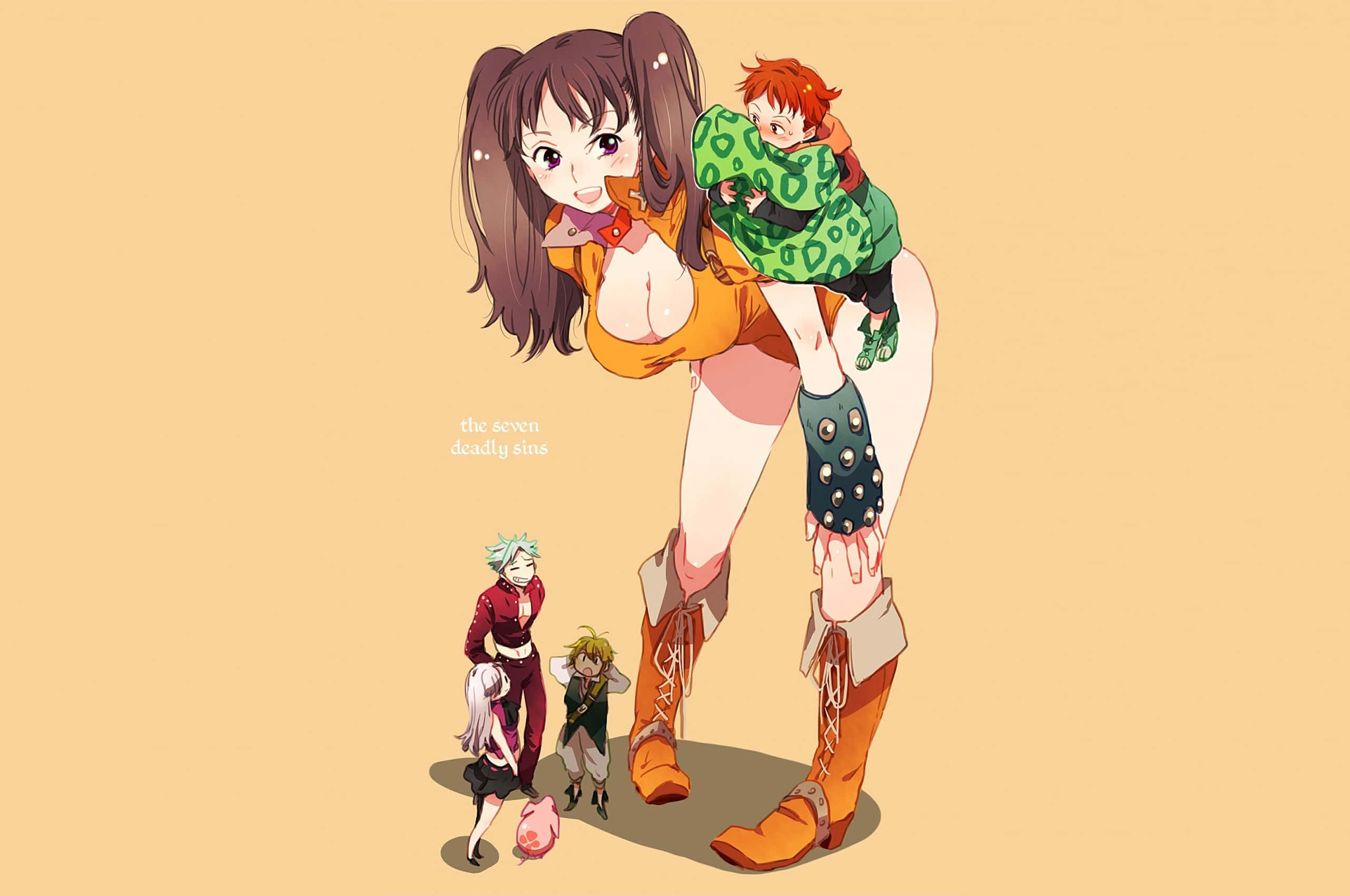Seven Deadly Sins King 桌布 壁紙 — 一個巨大的動畫女孩背著一個小男孩，另外三個角色站在她下方，背景是純米色。