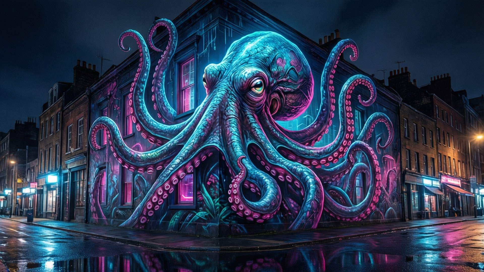 霓虹八爪壁畫 壁紙 — 一幅巨大的發光章魚壁畫在夜晚主導著濕漉漉的城市街道，霓虹藍和粉紅色調在雨水濕滑的路面上反射。