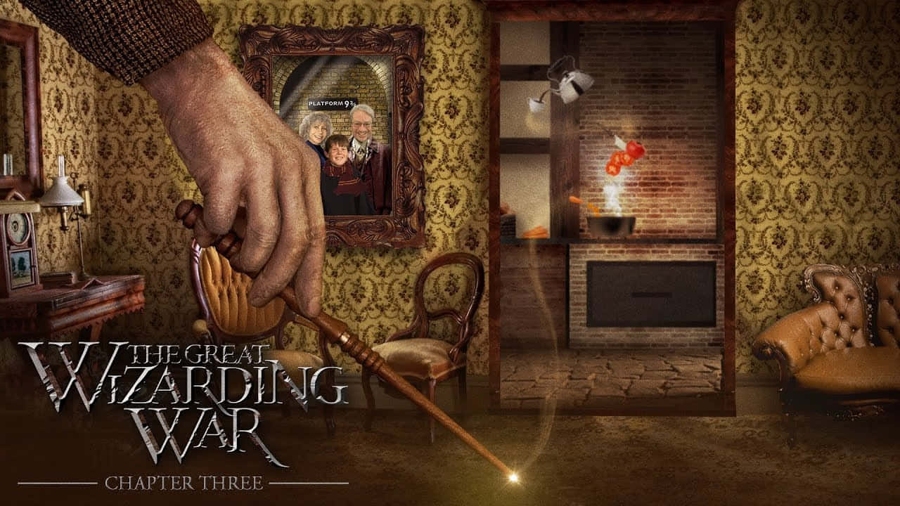  壁紙 — 一隻巨手握住魔杖，在一個帶有華麗壁紙和壁爐的復古巫師書房中施展魔法。