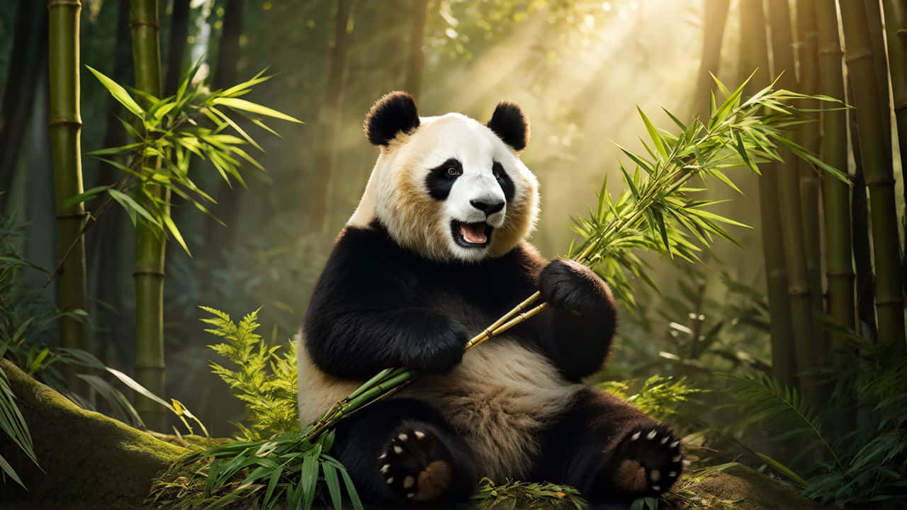  壁紙 — 一隻大熊貓開心地坐在陽光普照的竹林裡，嚼著竹子，金色的光線穿過樹木灑落下來。