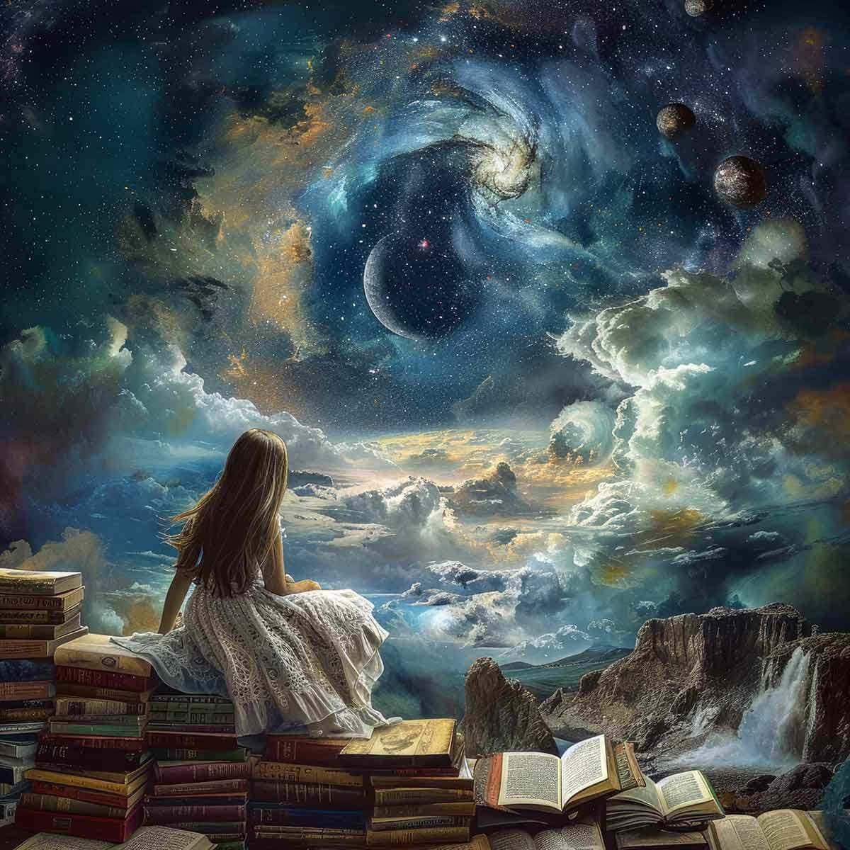  壁紙 — 一個穿著白色連衣裙的女孩坐在一堆書上，凝視著一個充滿行星和星雲的漩渦宇宙天空。