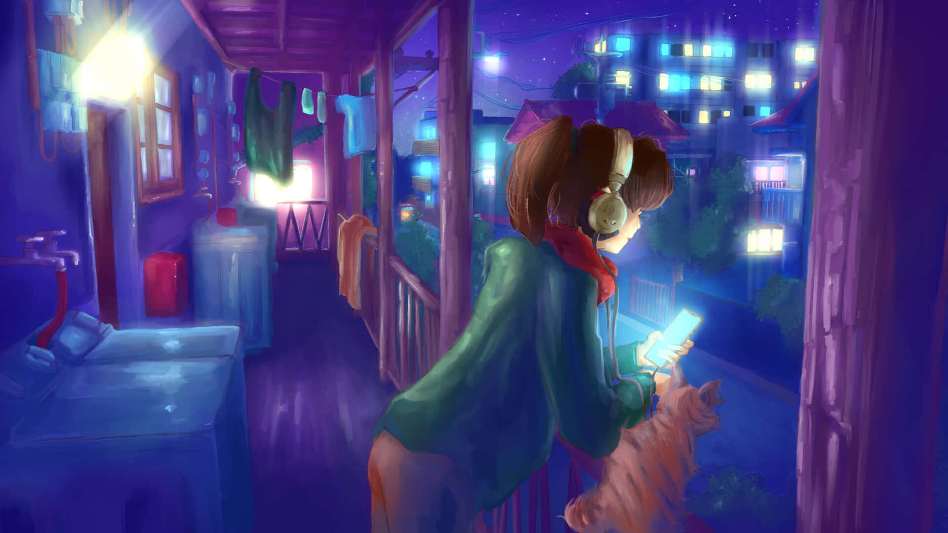  壁紙 — 一個戴住耳機嘅女仔同一隻貓，喺紫色燈光嘅露台上，喺滿天星星嘅夜空下，望住佢部發光嘅手機。