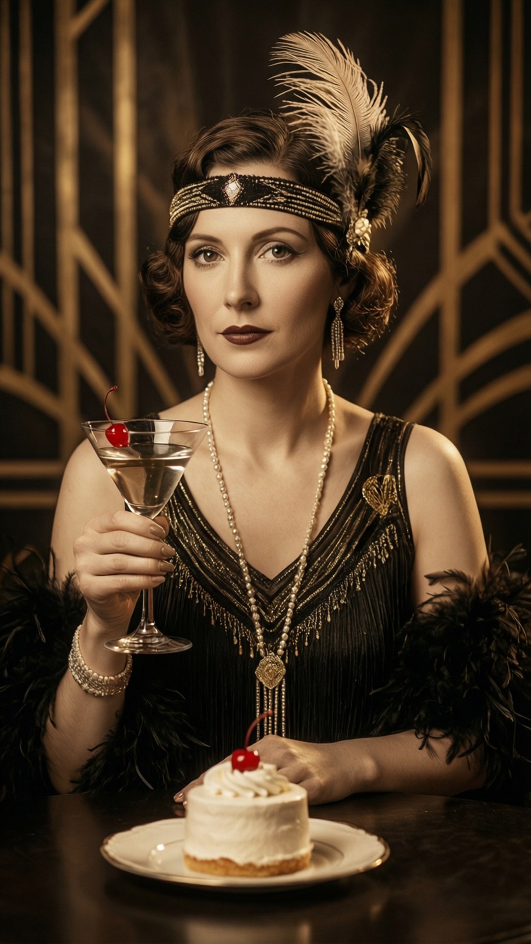Birthday Queen 桌布 壁紙 — 一位迷人的1920年代飛女郎，身穿黑色珠飾連衣裙，手持馬提尼，坐在放有櫻桃蛋糕的桌子旁。
