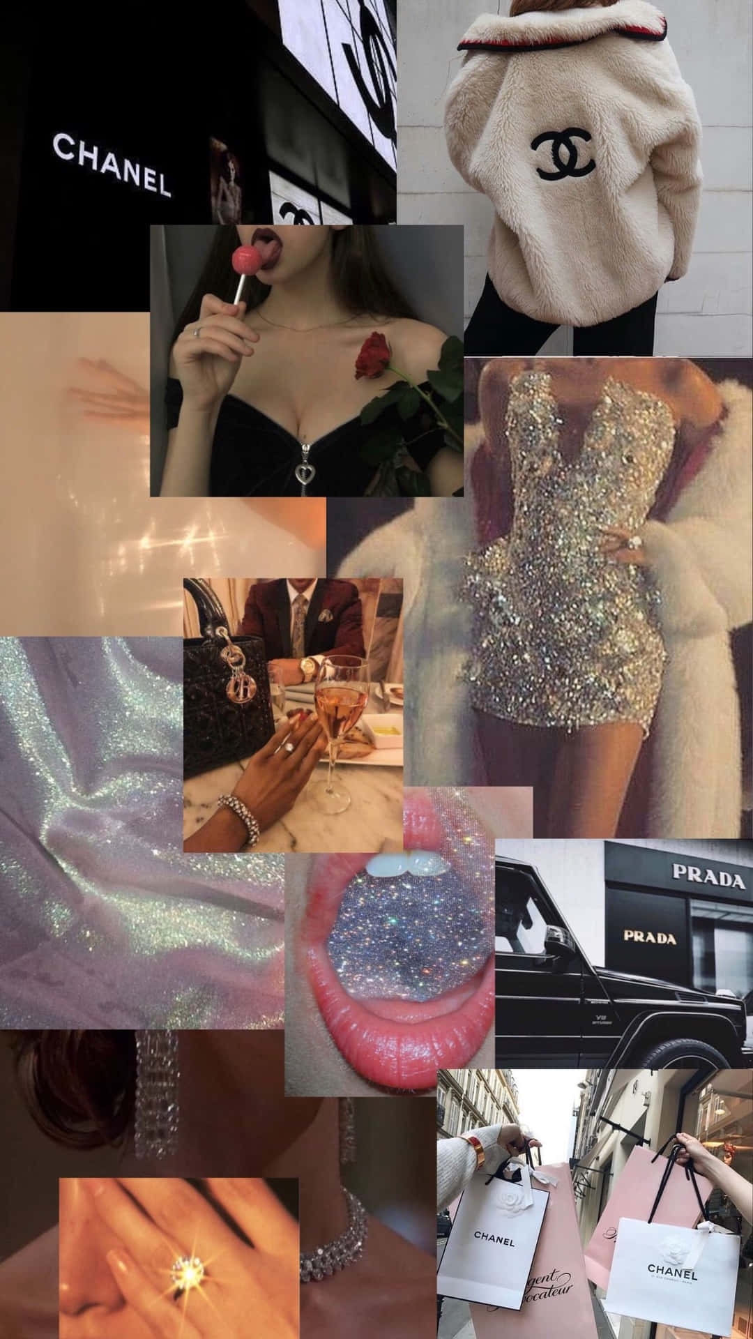  壁紙 — 一個迷人的奢華時尚時刻拼貼， featuring Chanel 和 Prada 品牌、閃閃發光的配飾和高級購物場景。