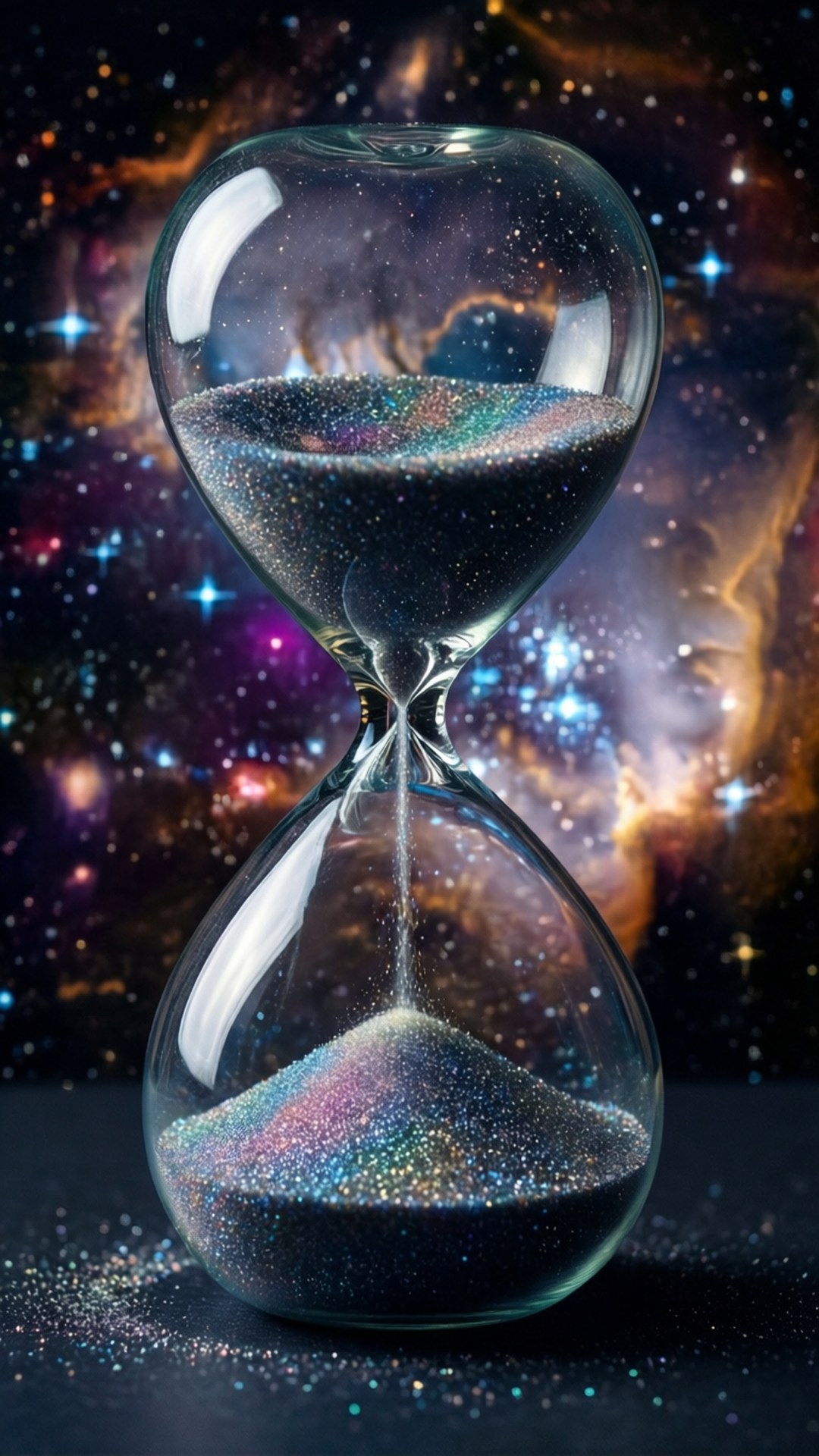 沙漏，裝有閃爍的宇宙沙，背景是星光點點的星雲。