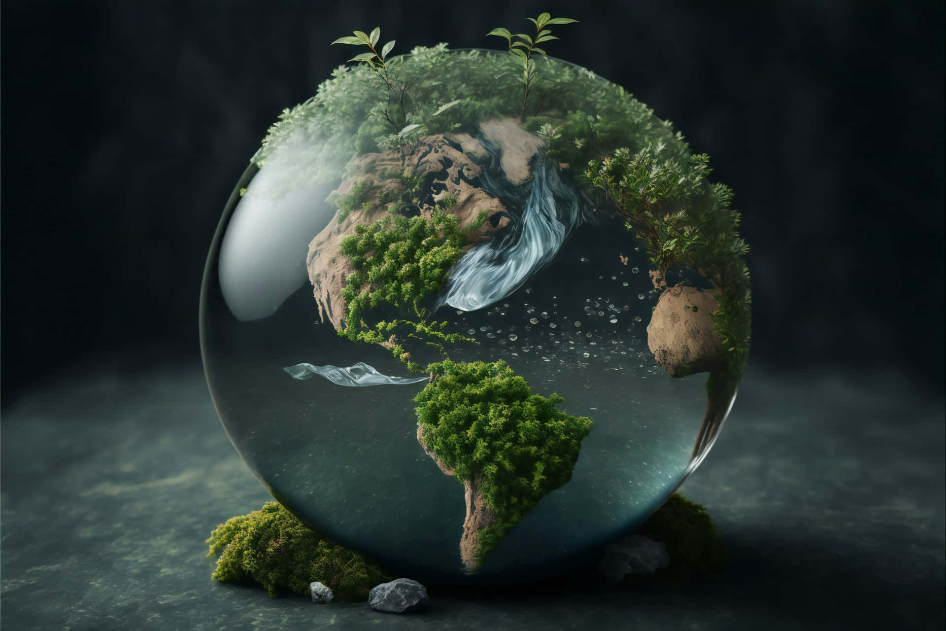  壁紙 — 一個玻璃球，內含一個微型茂盛的地球，有河流、苔蘚和樹木，在黑暗背景下柔和發光。